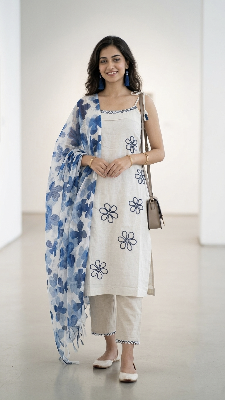 Aria Ivory Cotton Floral Sleeveless Dupatta Set
