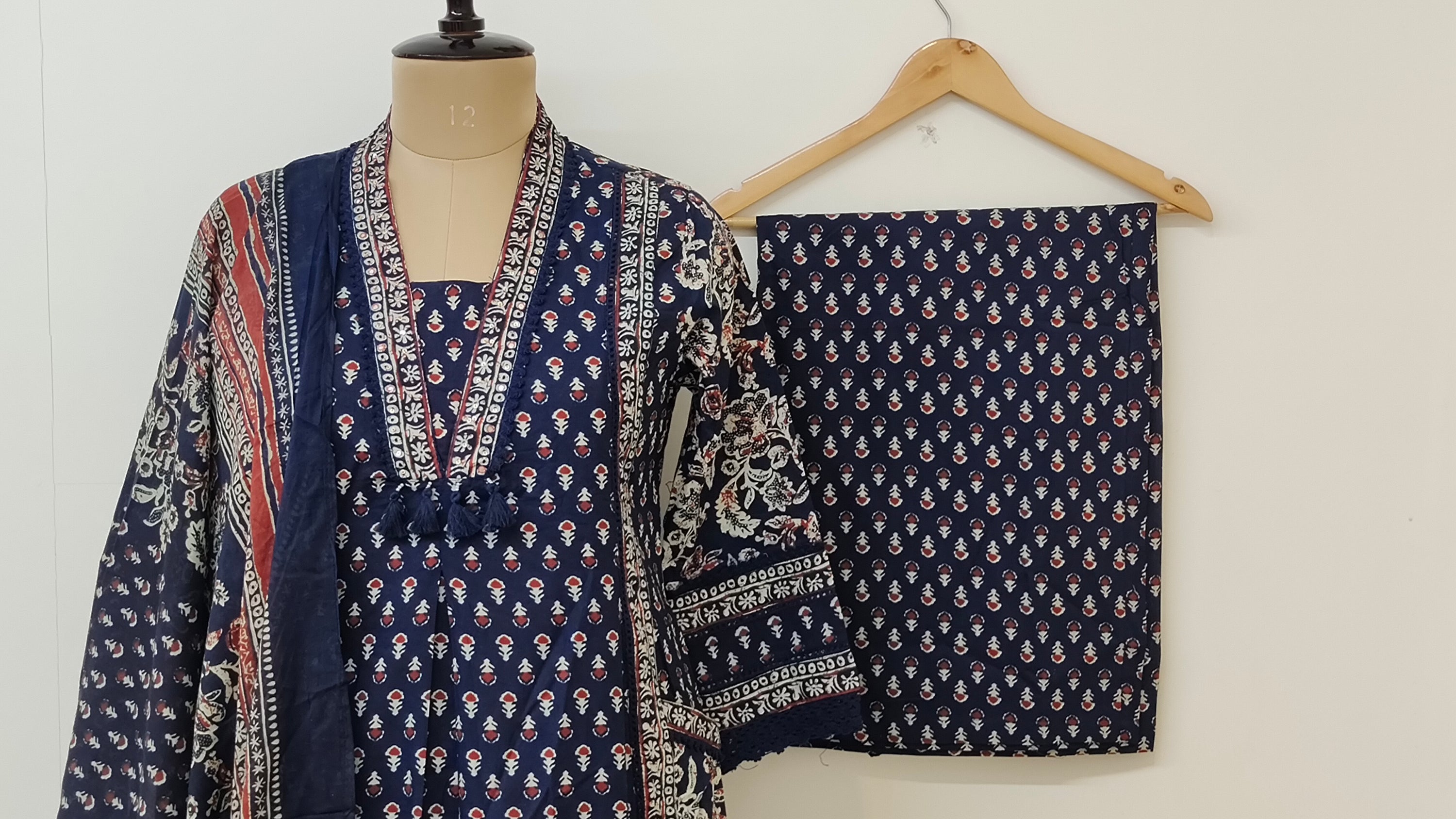 Reem Blue Cotton Handblock Embroidered A-line Dupatta set