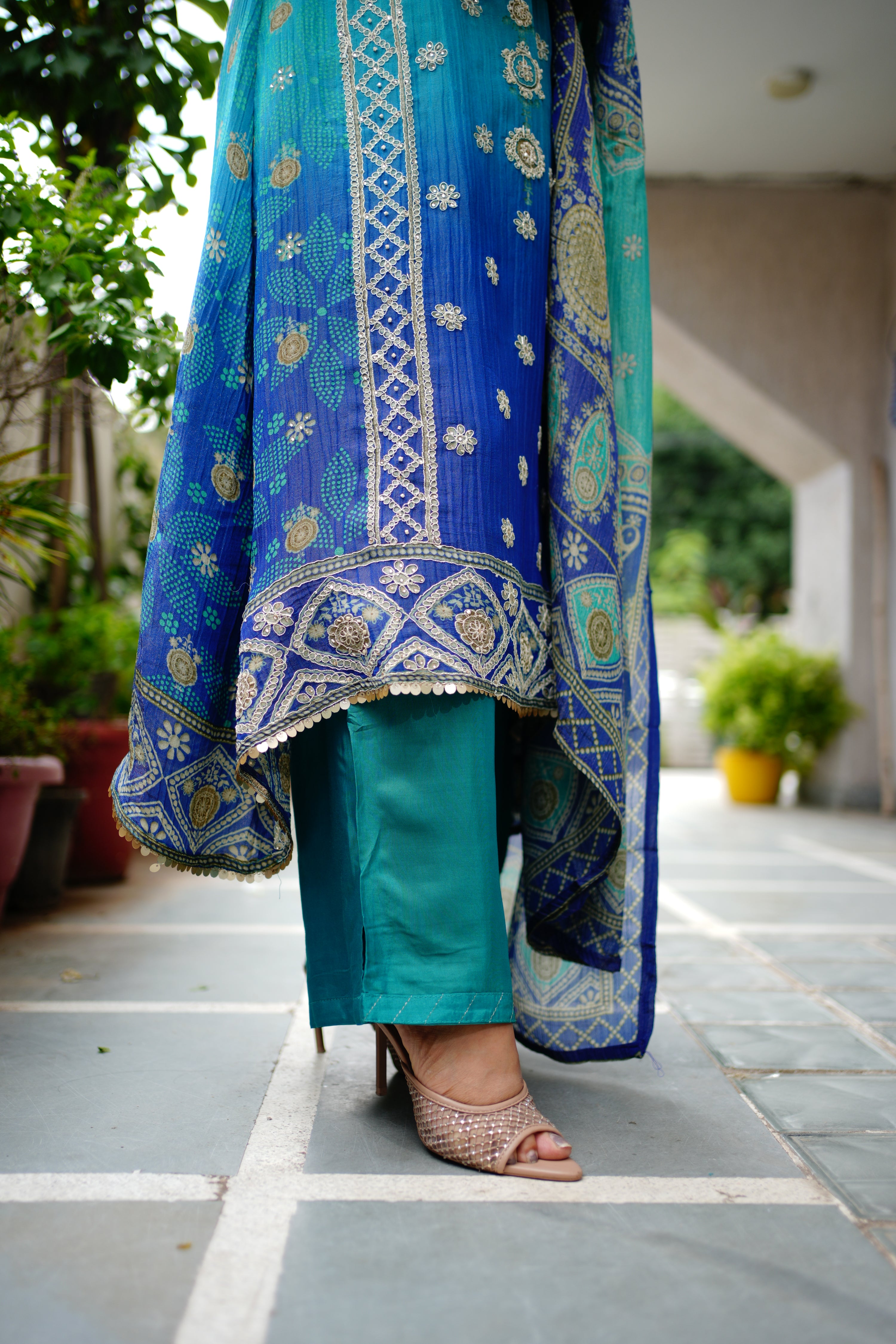 Aaliya Asymmetric Shimmer Tissue  Embroidered Pant Set