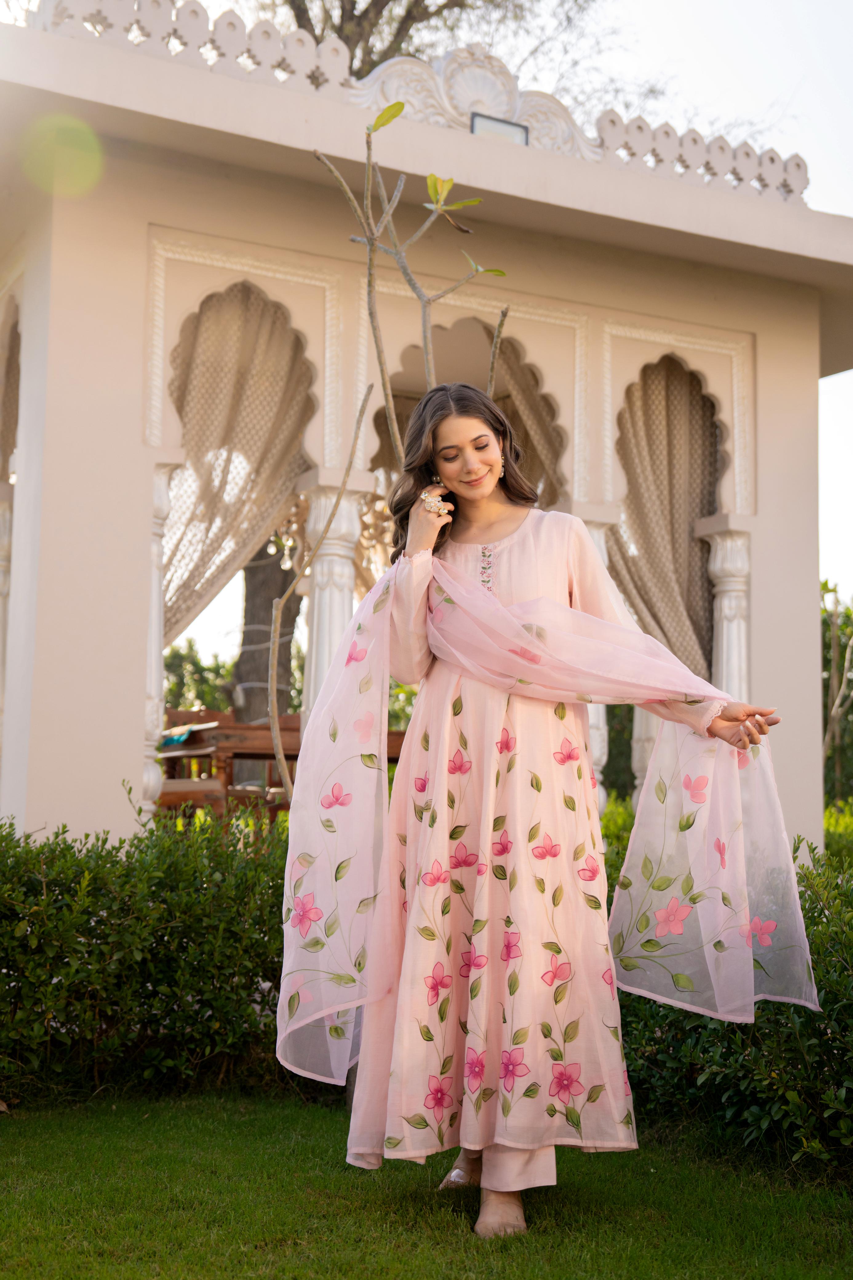 Zola Mul Chanderi HandPainted Anarkali Set - The Jaipur Studio