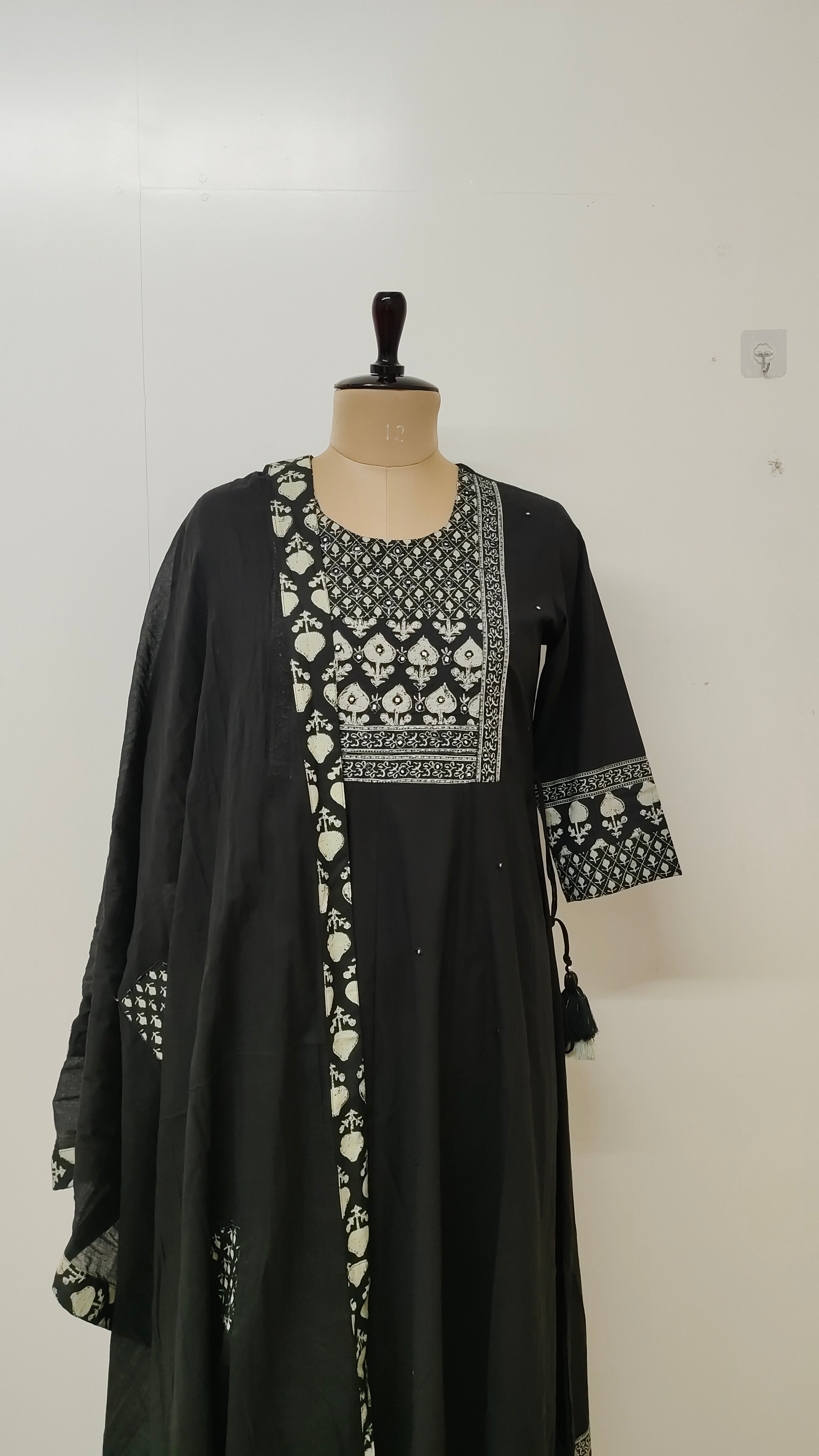 Nisha Black Cotton Handblock Anarkali Dupatta Set