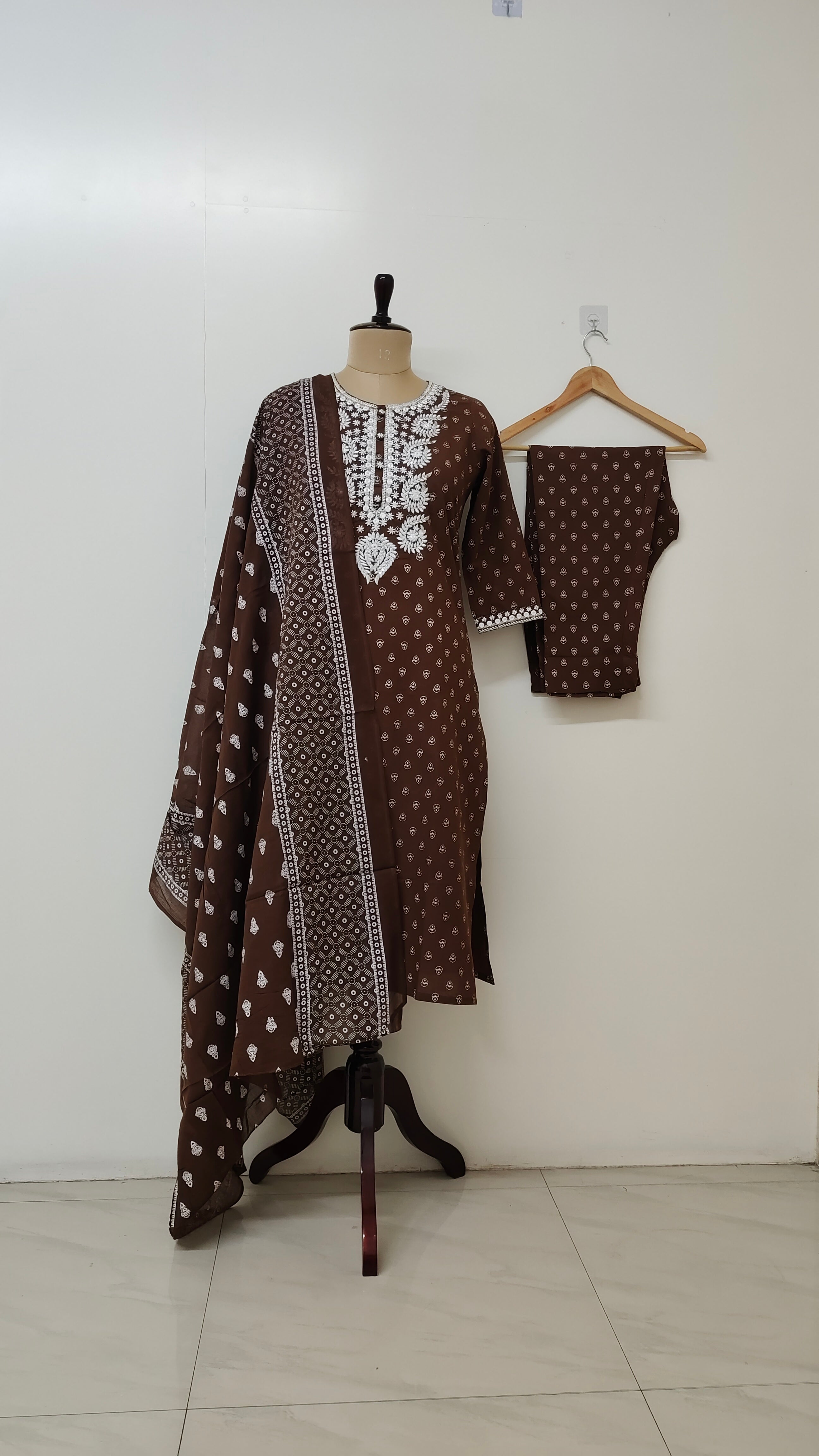 Meher Brown Cotton Embroidered Straight Dupatta Set