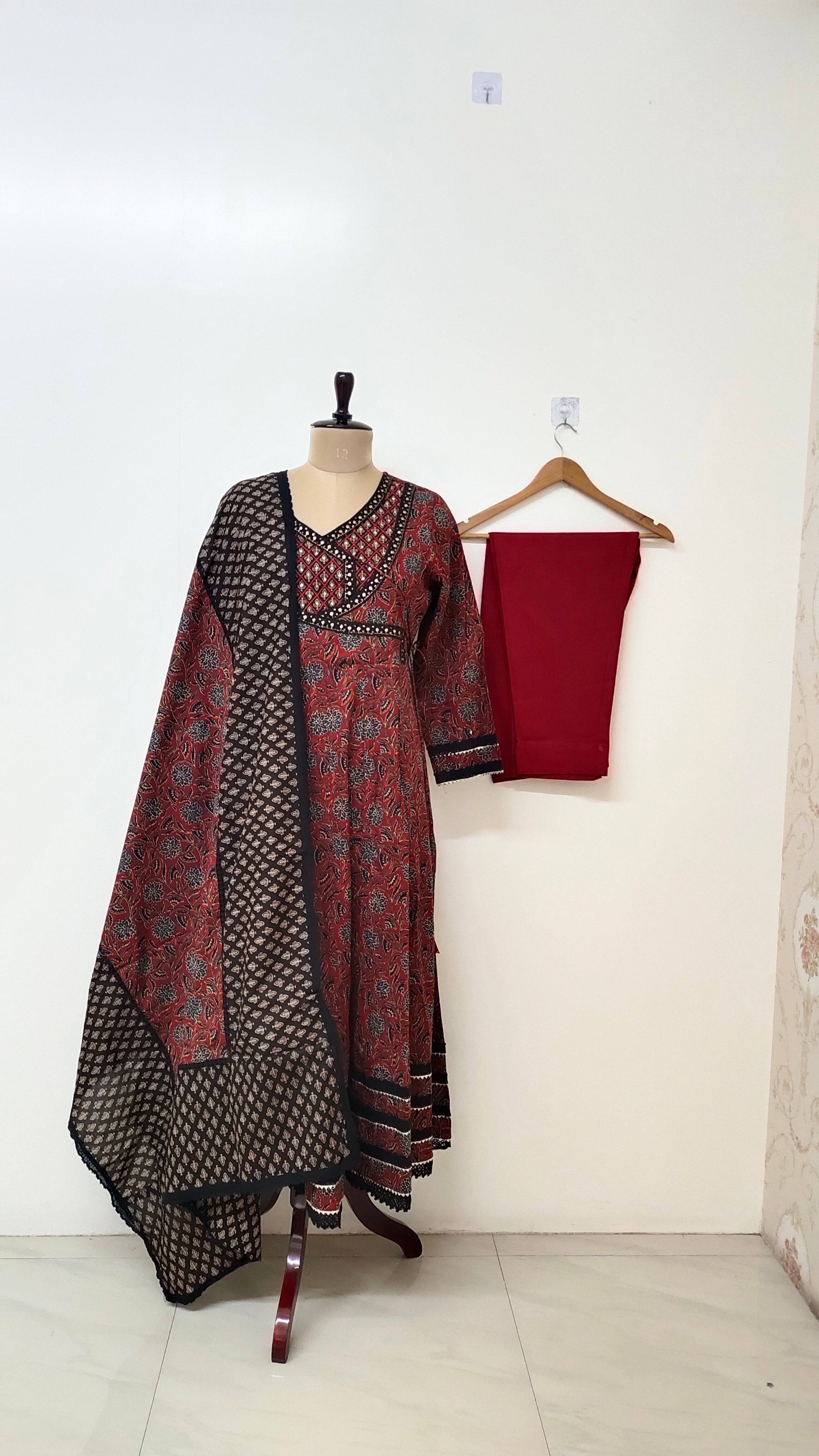 Sukti Red Cotton Angrakha Anarkali Dupatta Set
