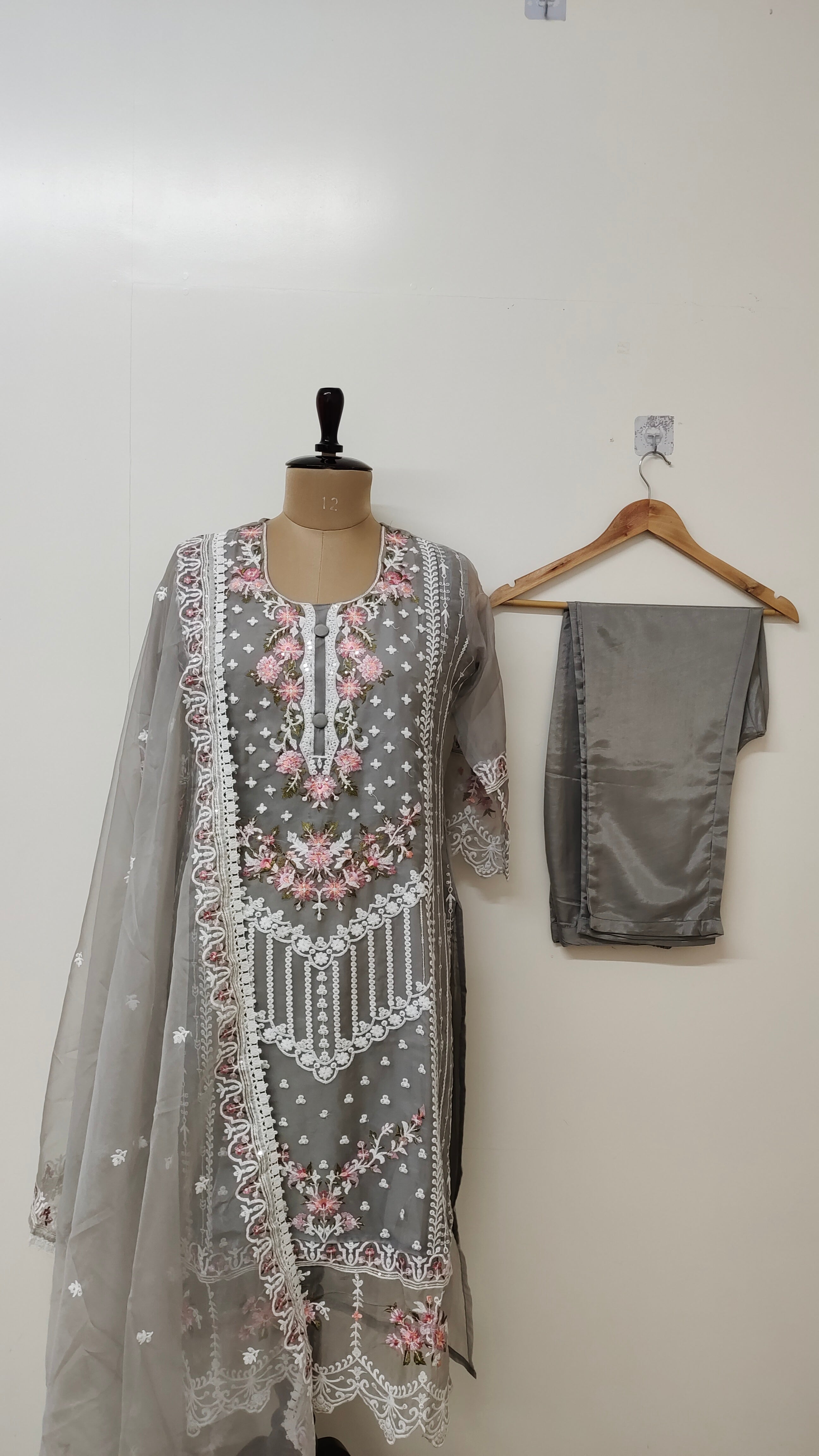Sitara Grey Organza Embroidered Straight Dupatta Set