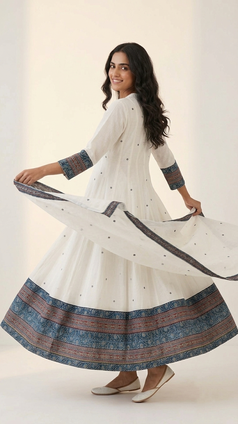 Shweta White Mul Cotton Ajrakh Anarkali Dupatta Set