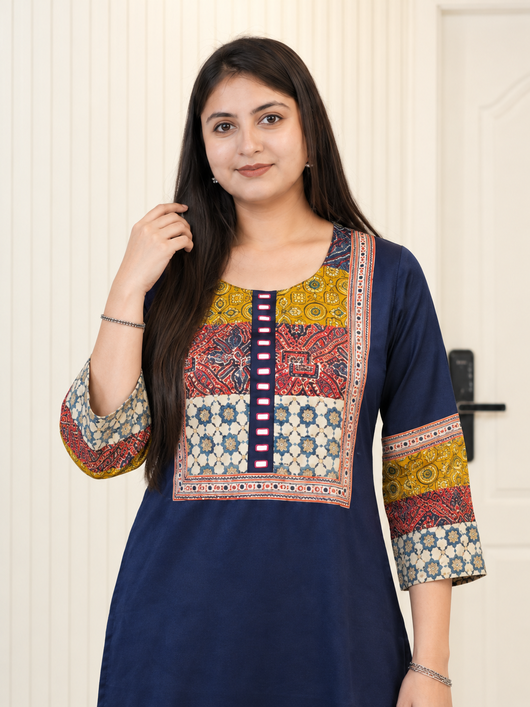 Daniya Blue Mashru Silk Ajrakh Embroidered Kurta