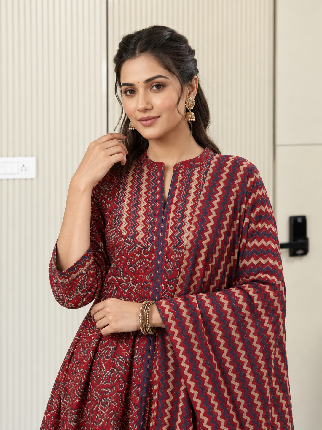 Sadiya Red Cotton Anarkali Dress with along Dupatta