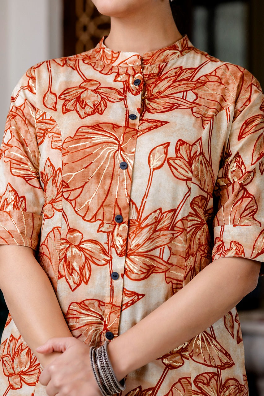 Shnaya Rust Floral Cotton A-line Coord Set