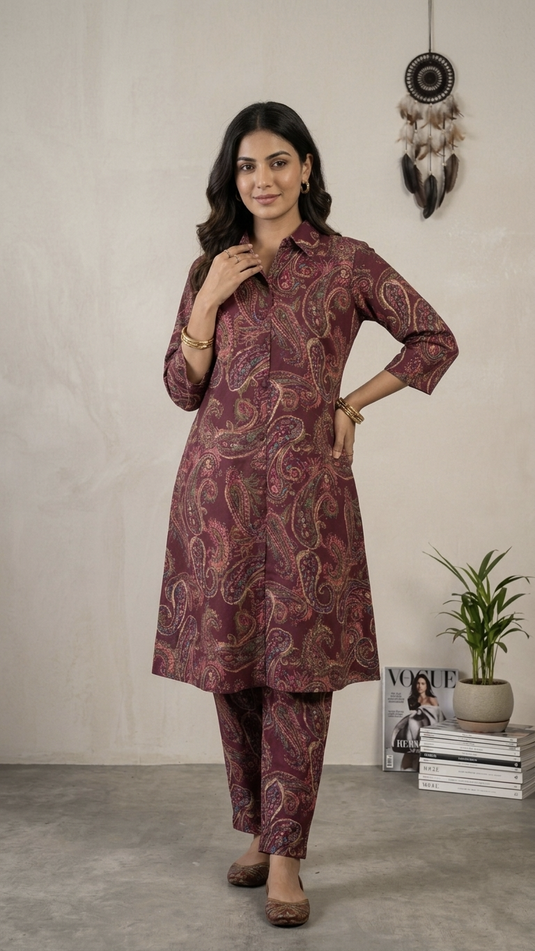 Diona Wine Kalamkari Cotton Coord Set