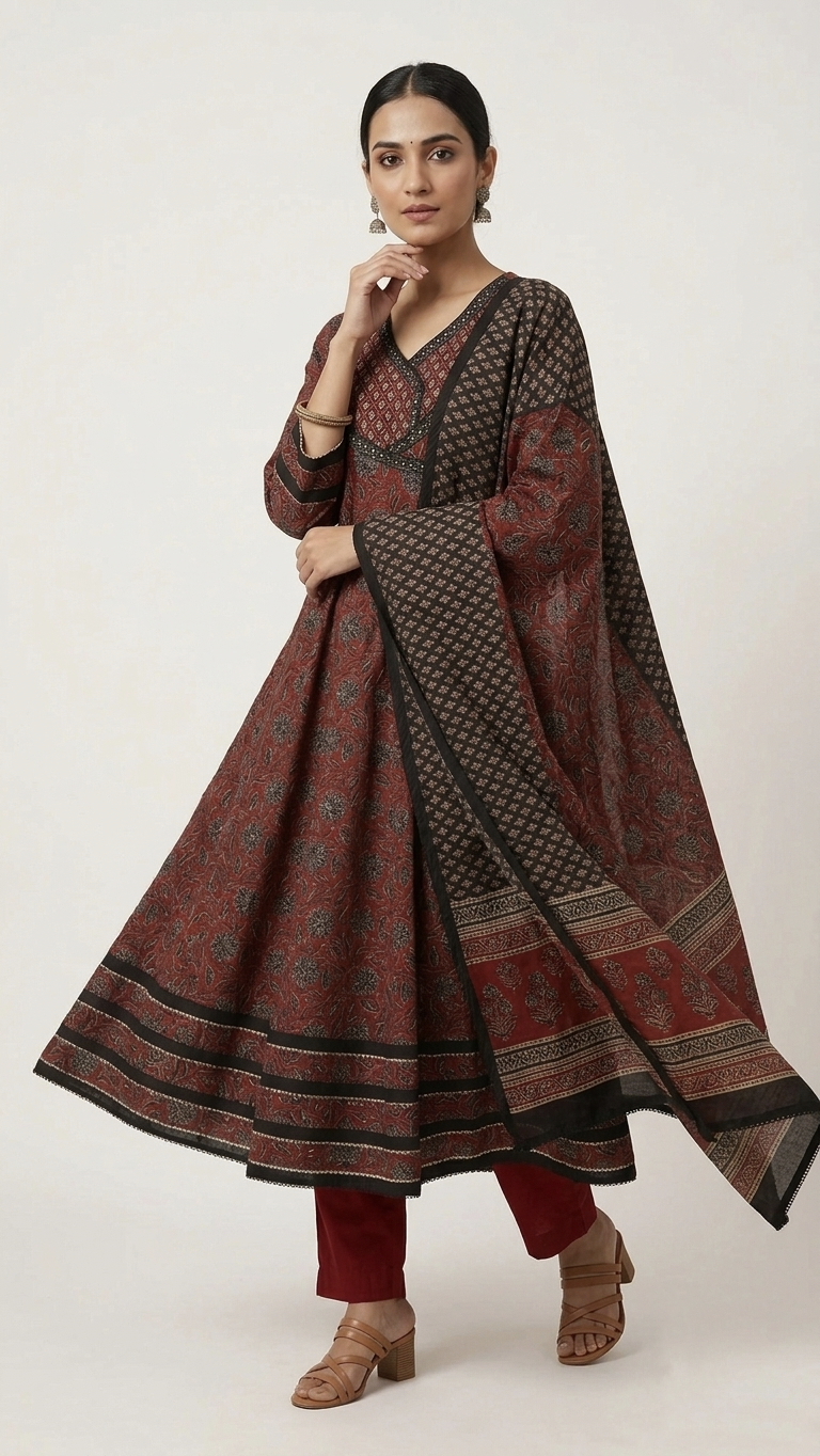 Sukti Red Cotton Angrakha Anarkali Dupatta Set
