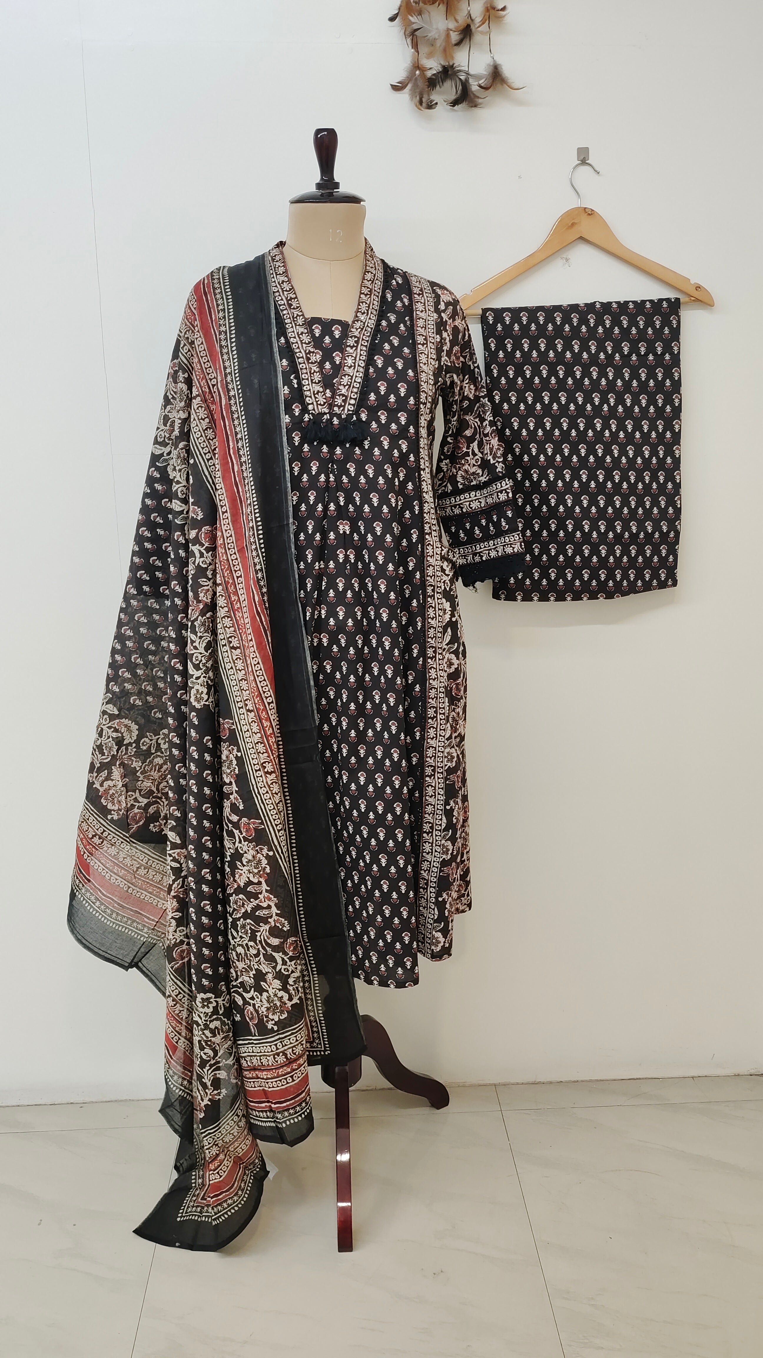 Reem Black Cotton Handblock Embroidered A-line Dupatta set