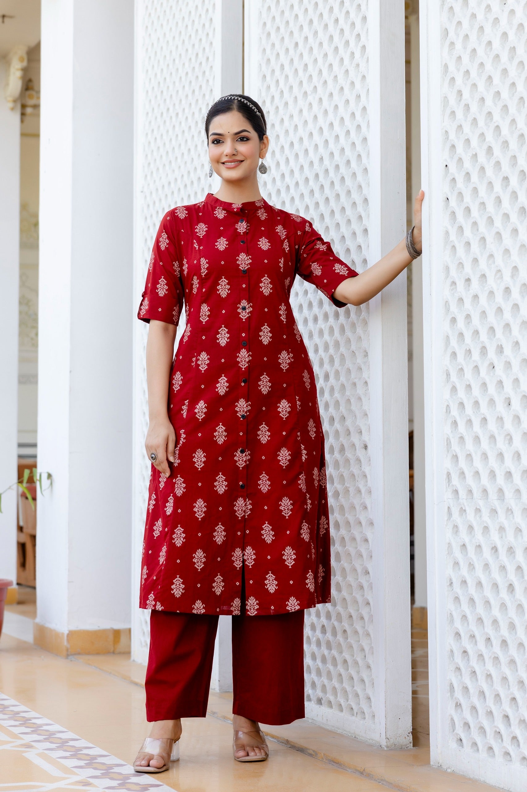 Red Jamdani Cotton A-line Coord Set