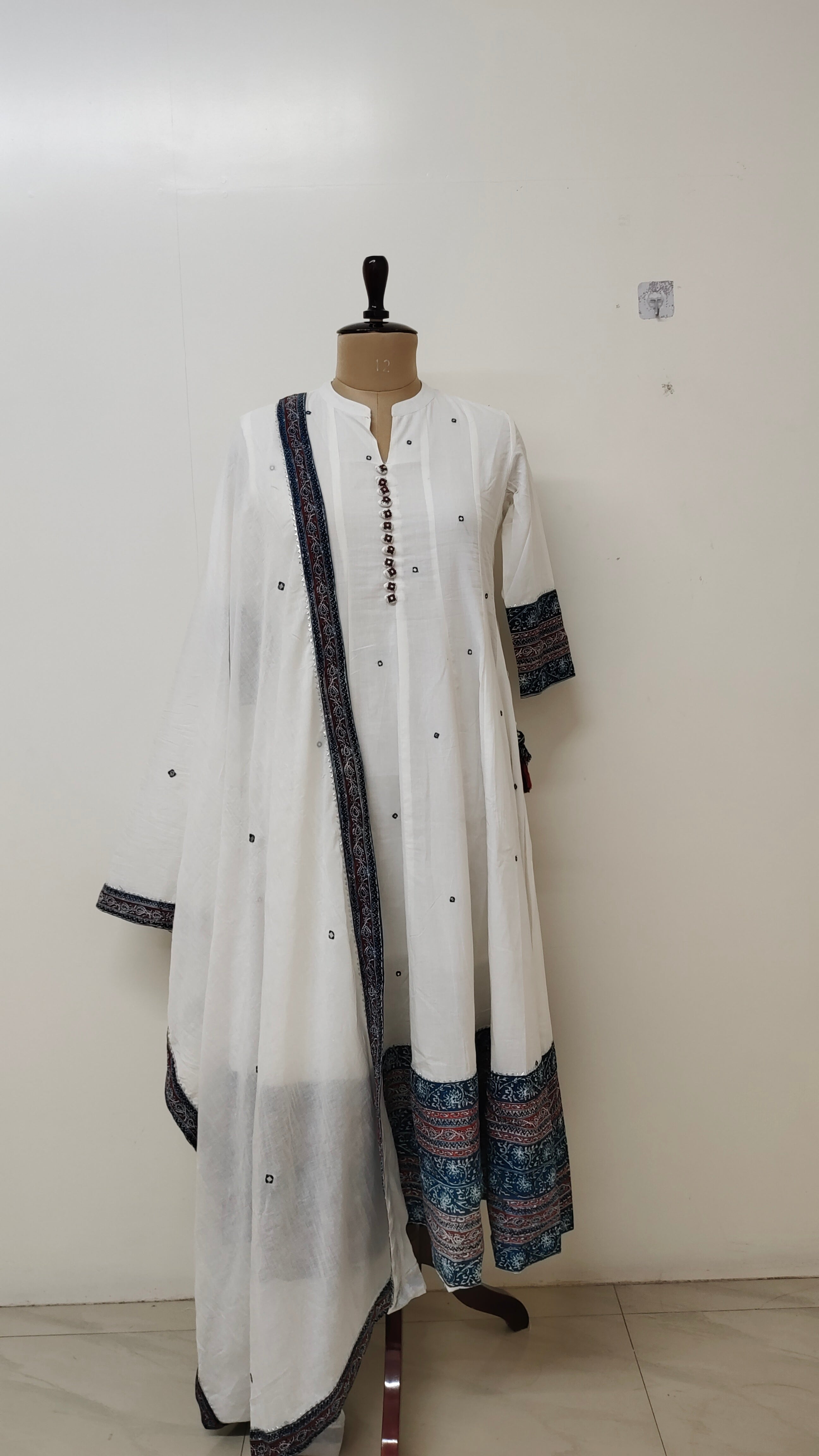 Shweta White Mul Cotton Ajrakh Anarkali Dupatta Set