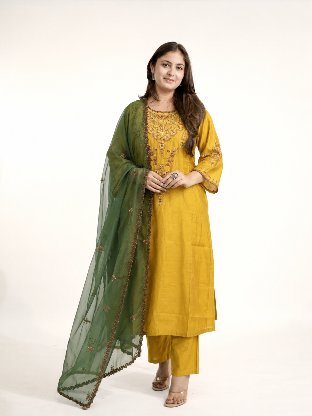 Shefali Mustard Premium Muslin Embroidered Dupatta Set