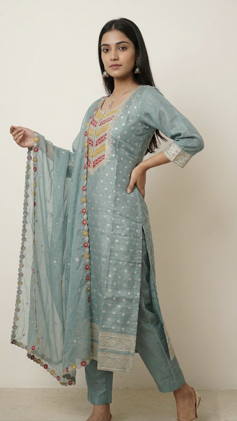 Varya Green Brocade Shimmer Embroidered Dupatta Set