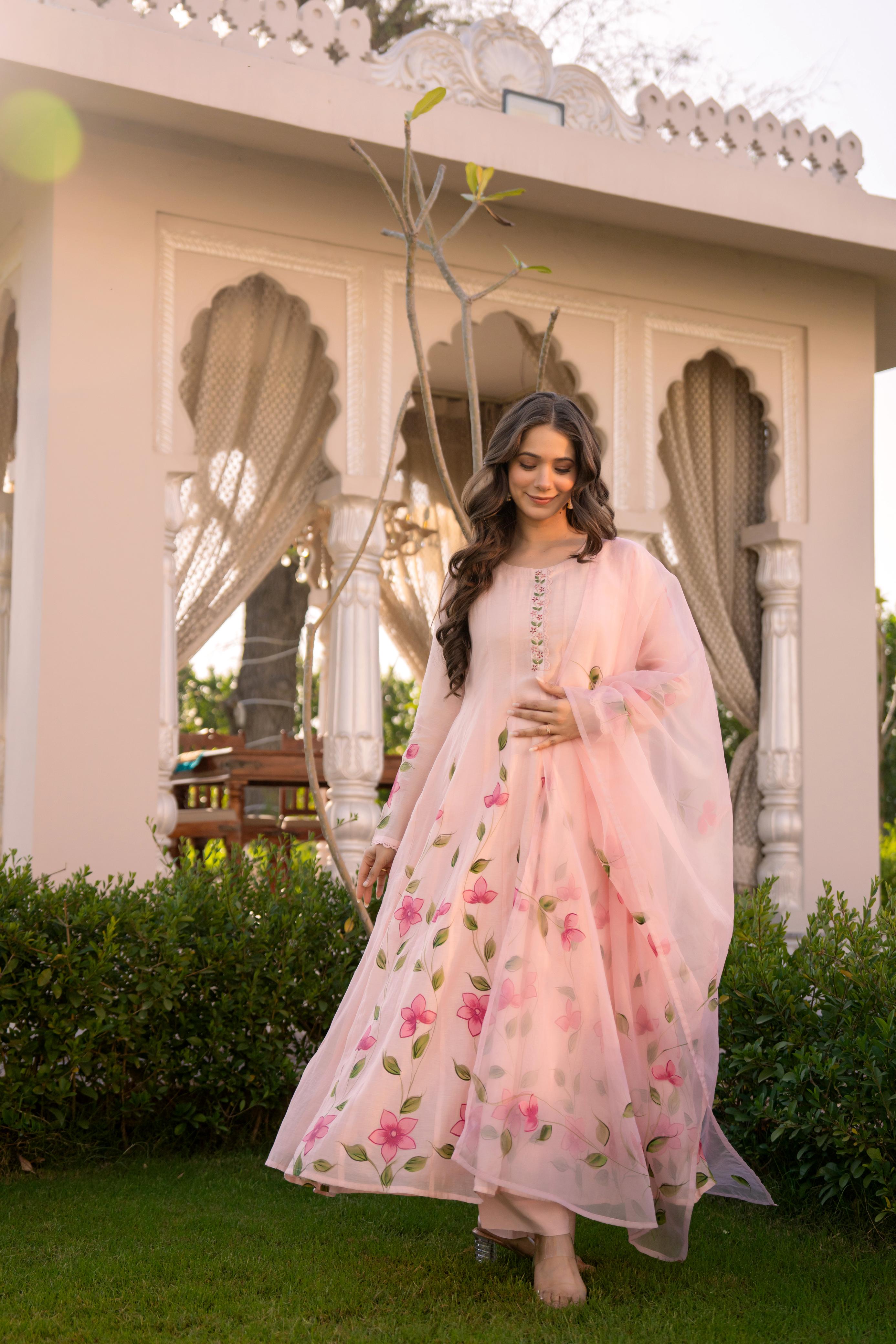 Zola Mul Chanderi HandPainted Anarkali Set - The Jaipur Studio