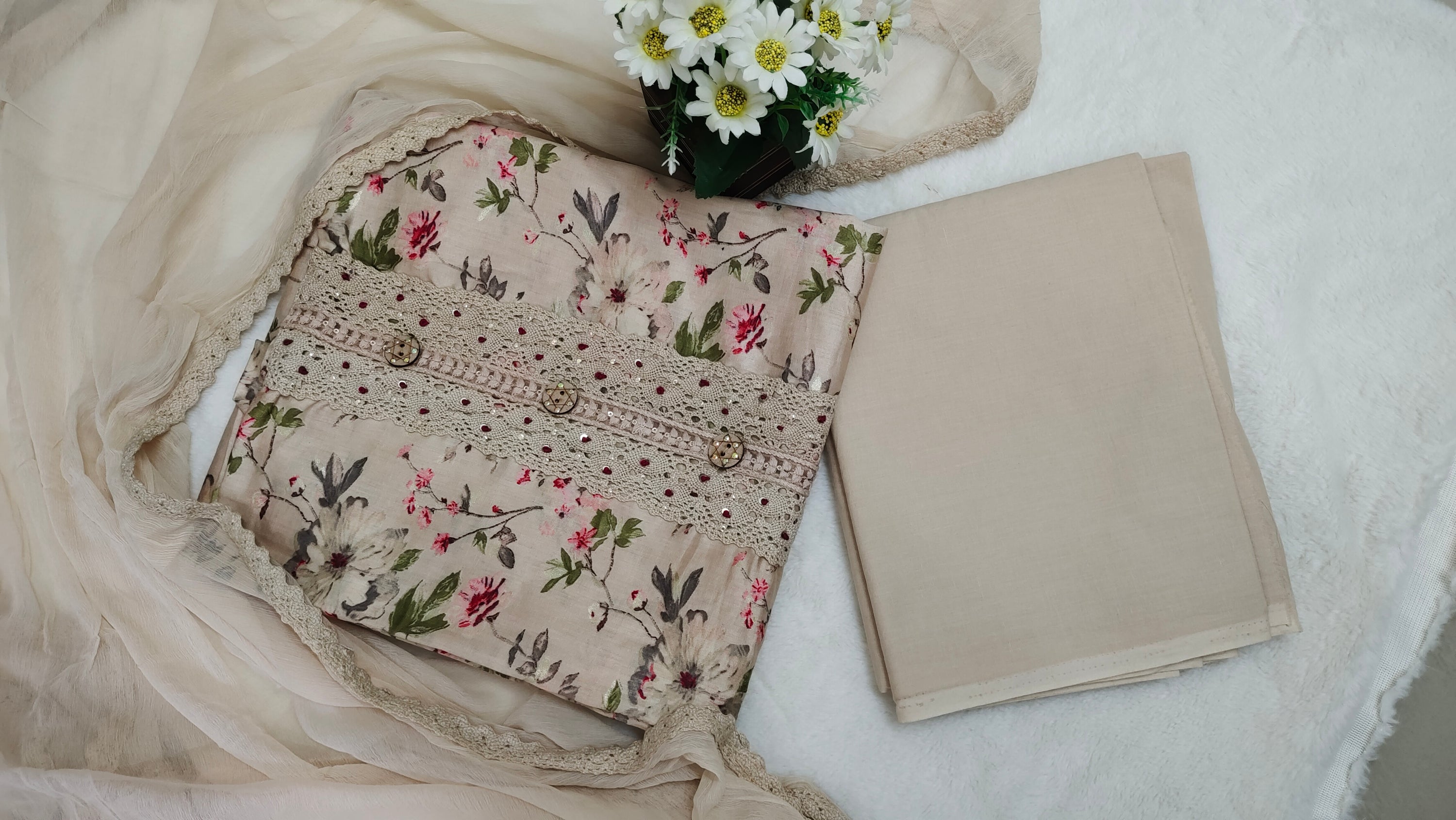 Beige Floral Unstitched Salwar Suit Set with Matching Cotton Dupatta