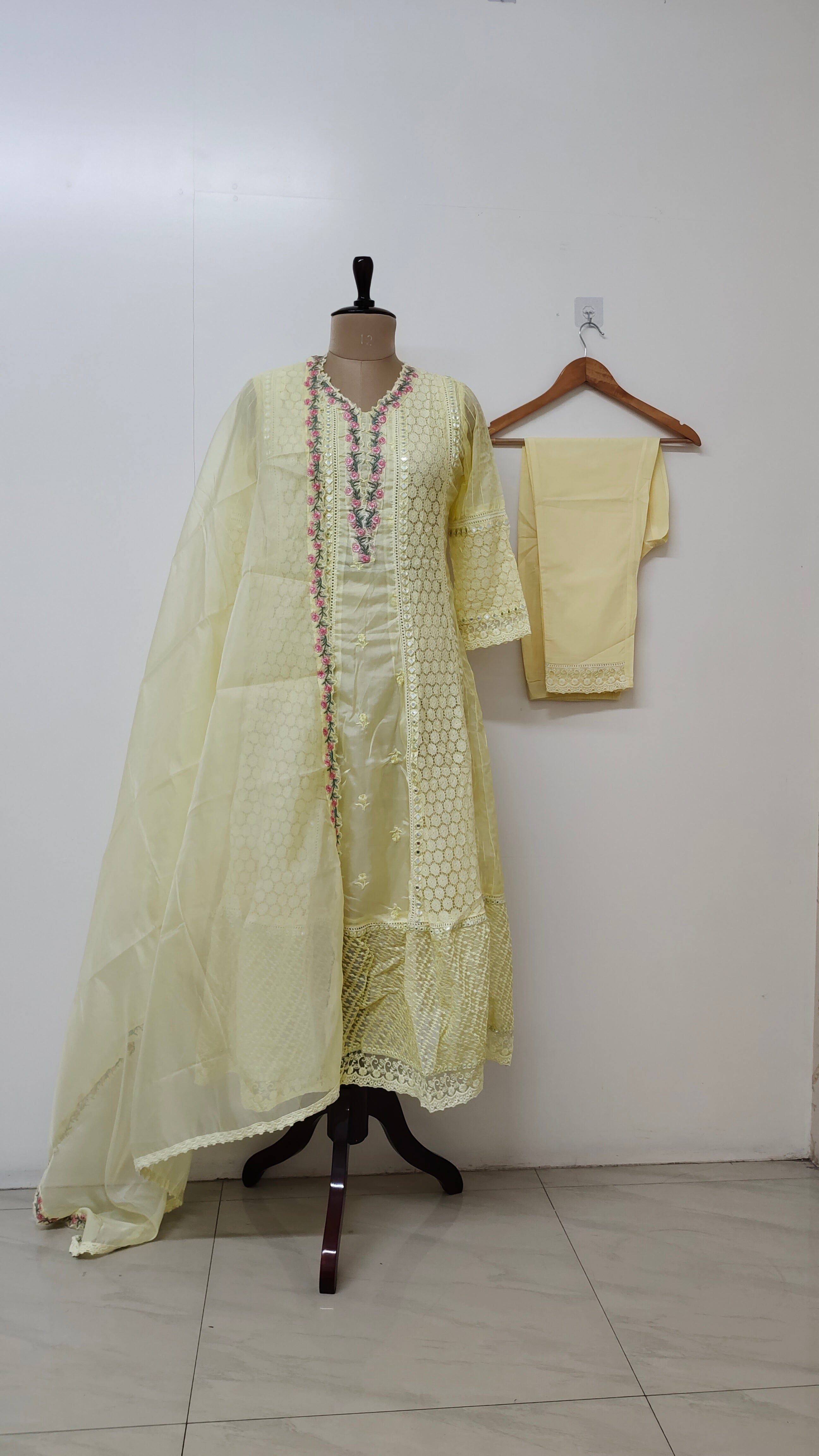 Pastel Yellow Lace Detail Chikankari Anarkali Set