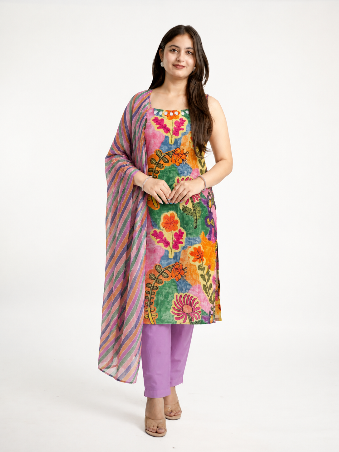 Nagma MultiColor Cotton Floral Sleeveless Dupatta Set