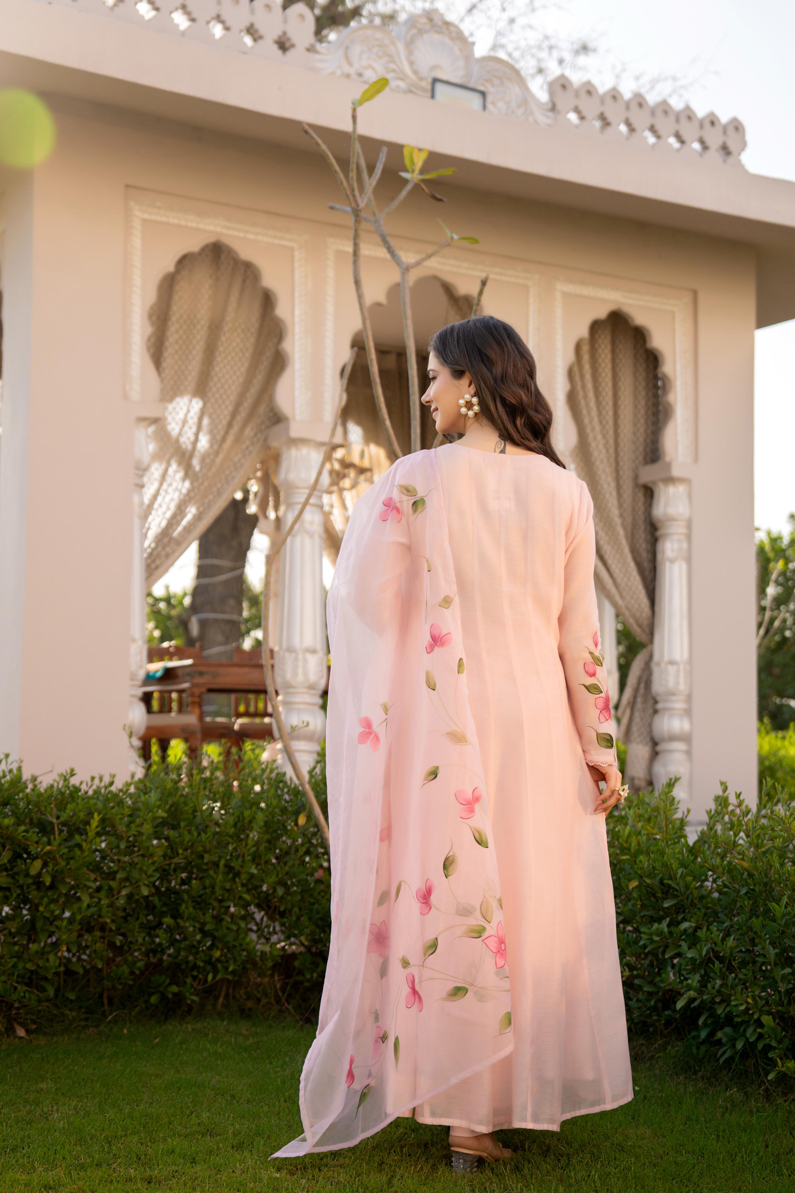 Zola Mul Chanderi HandPainted Anarkali Set - The Jaipur Studio