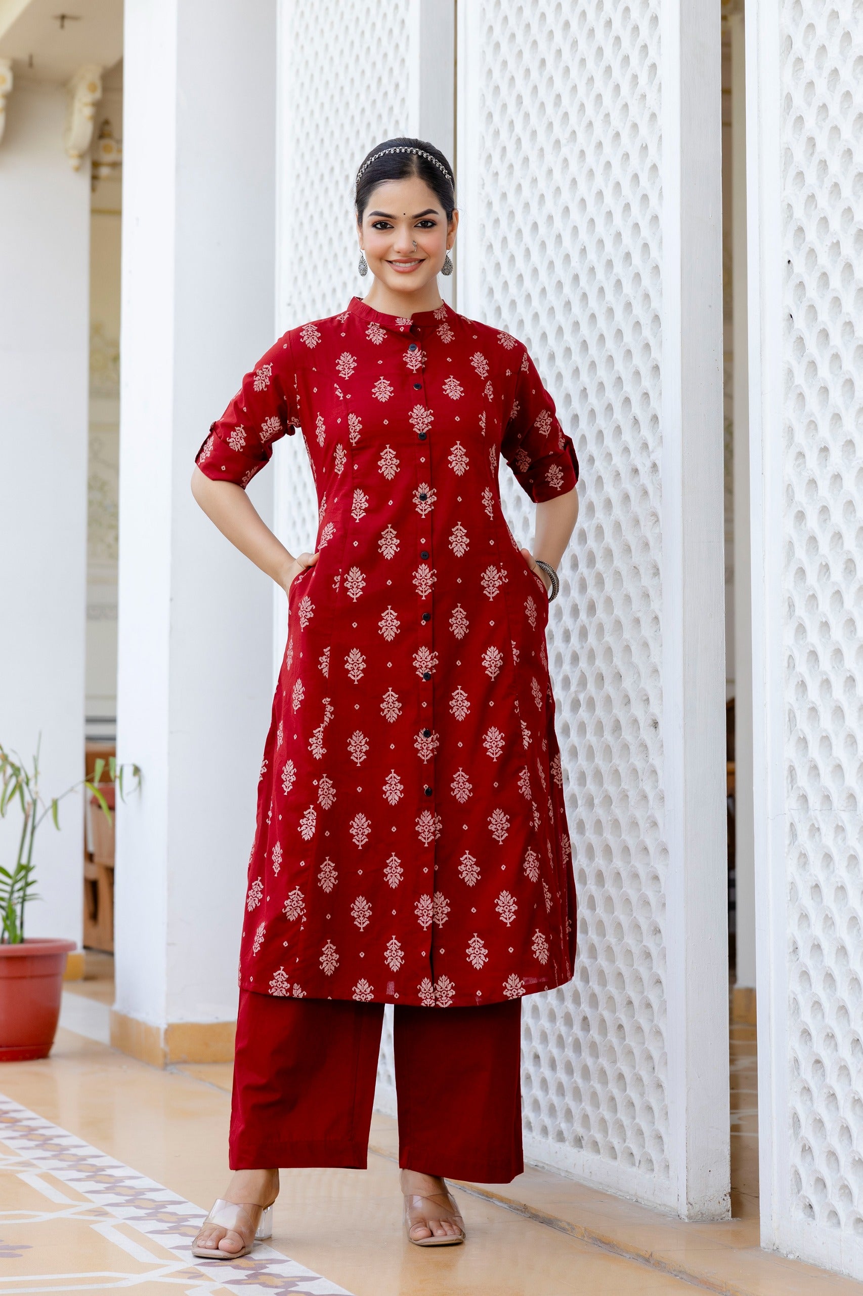 Red Jamdani Cotton A-line Coord Set