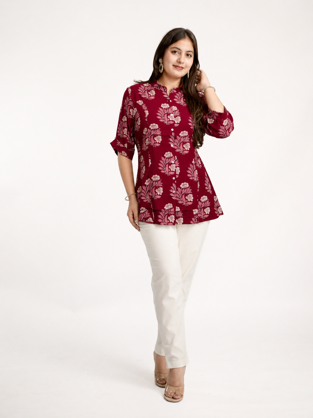 Cherry Red Rayon Floral Short Top
