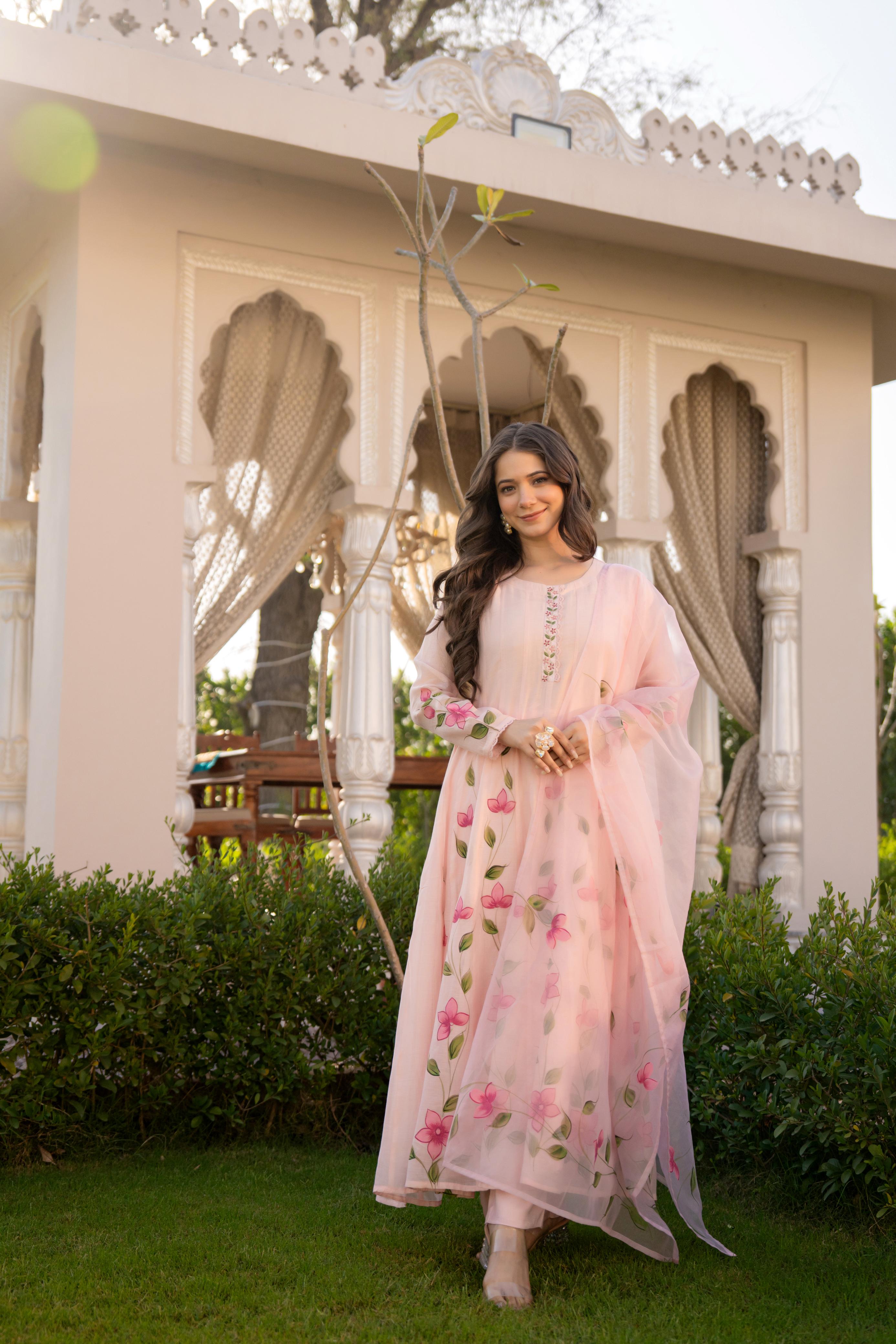 Zola Mul Chanderi HandPainted Anarkali Set - The Jaipur Studio