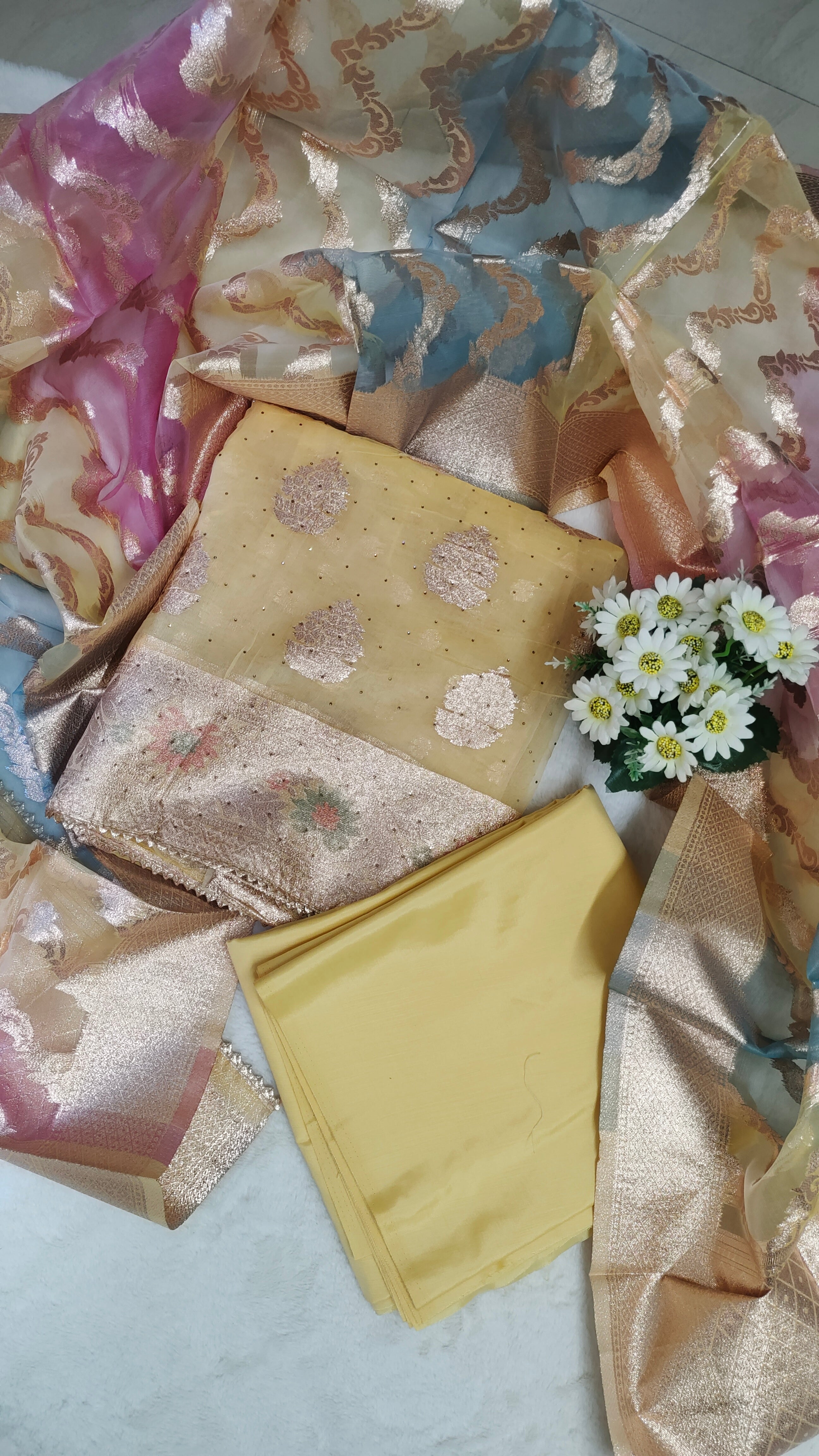 Unstitched Kurta Set with Rose-Gold Zari Booti and Designer Pastel Dupatta