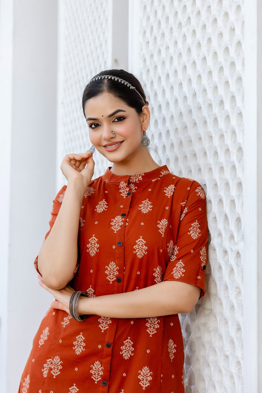 Rust Jamdani Cotton A-line Coord Set - The Jaipur Studio