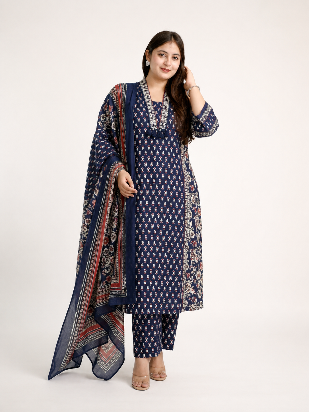 Reem Blue Cotton Handblock Embroidered A-line Dupatta set