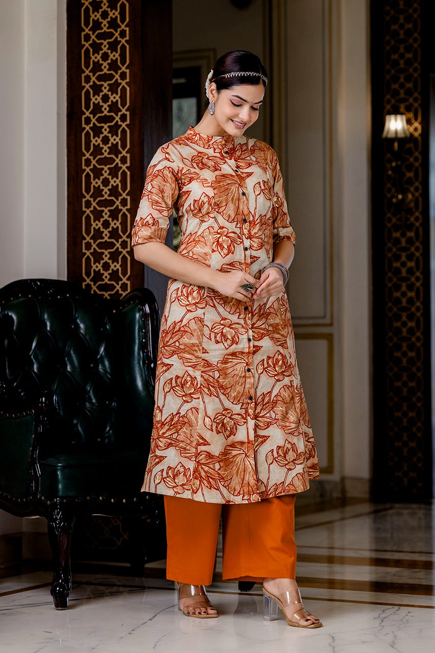 Shnaya Rust Floral Cotton A-line Coord Set - The Jaipur Studio