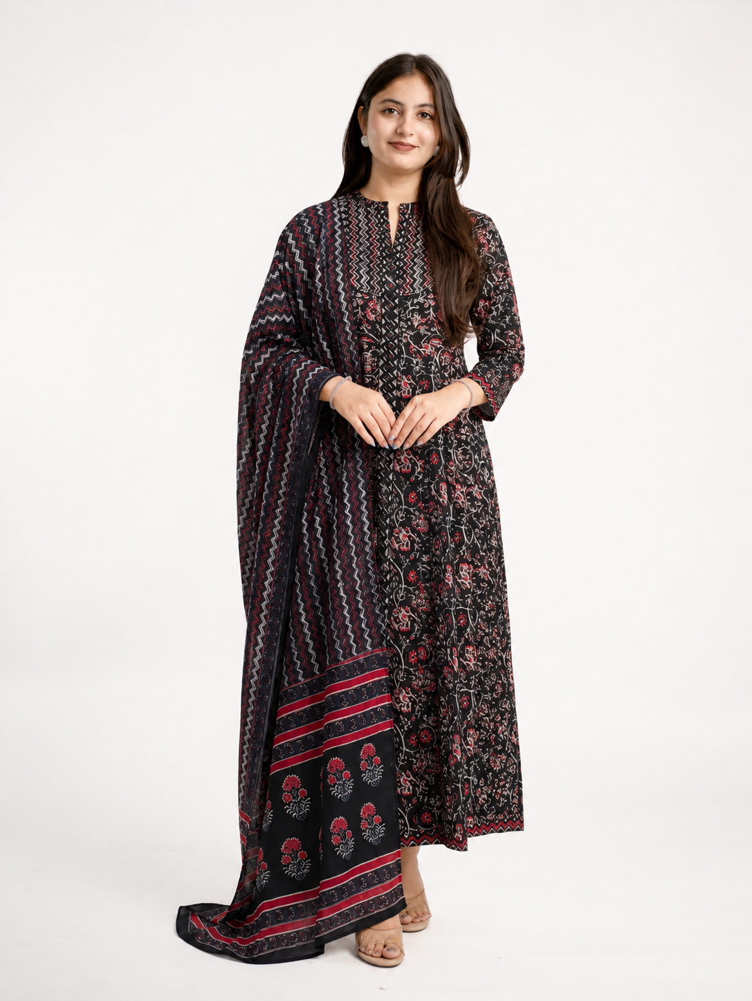 Sadiya Black Cotton Layered Anarkali Dupatta Set