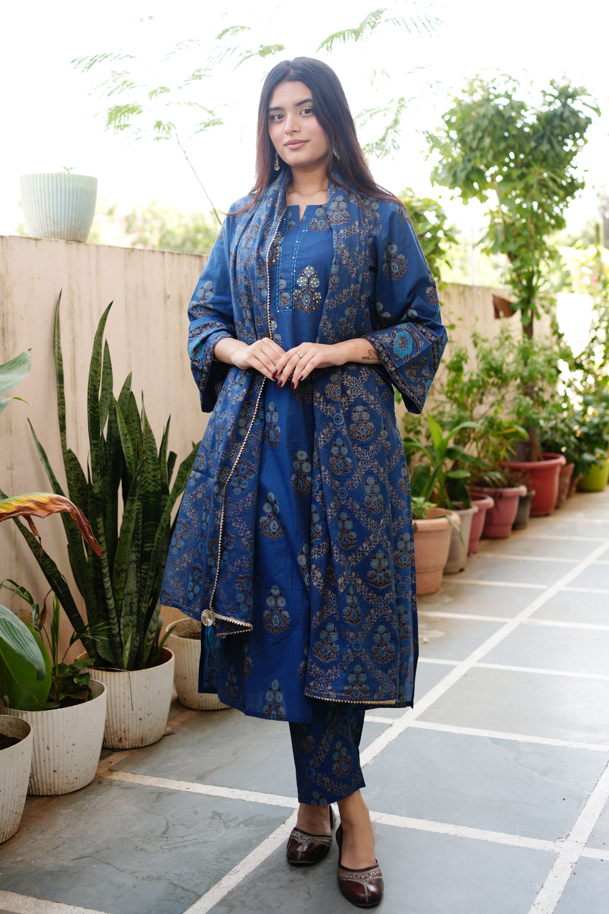 Irya Cotton Handblock Embroidered Pant Set