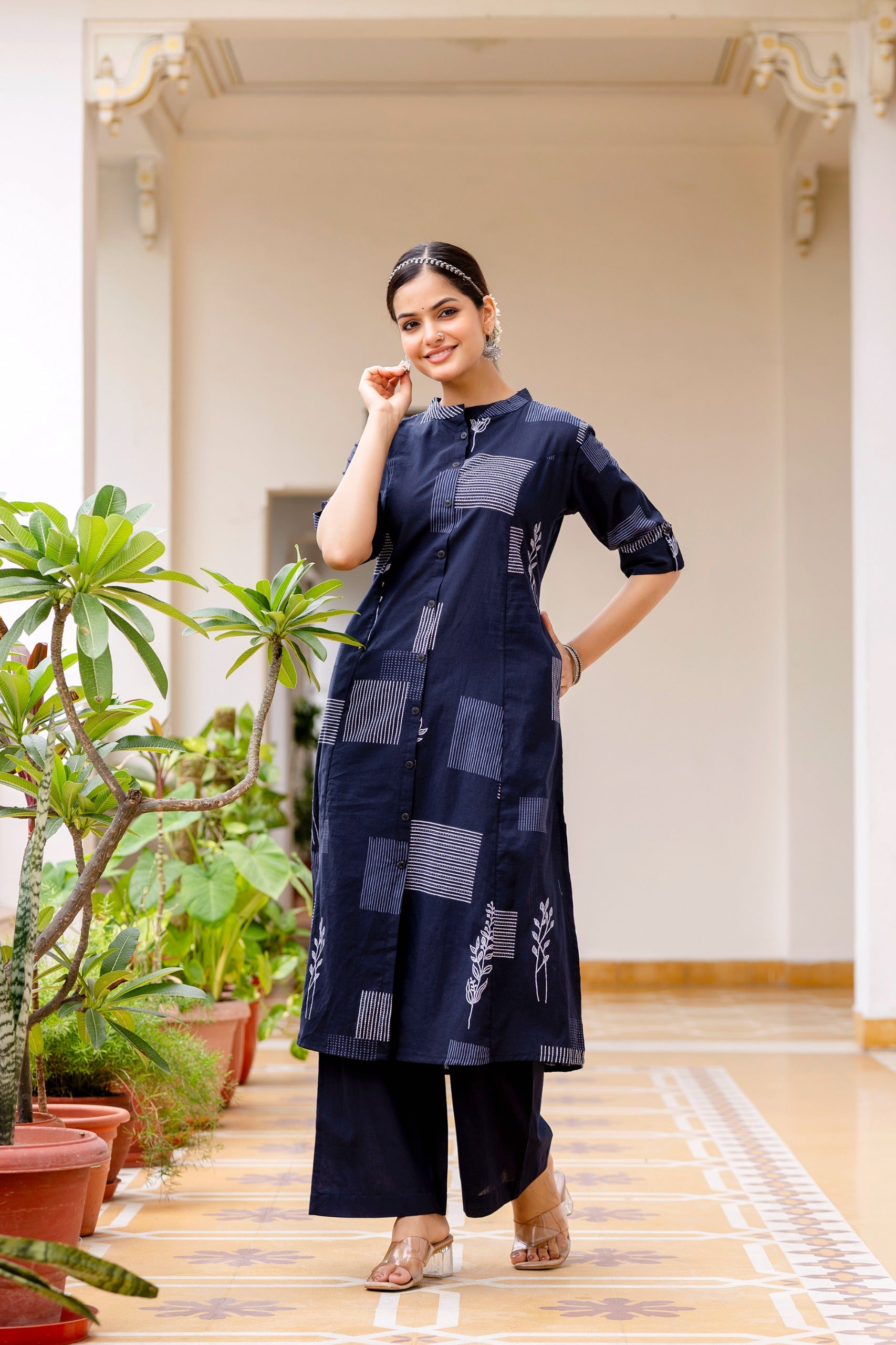 Navy Blue Cotton A-line Coord Set - The Jaipur Studio