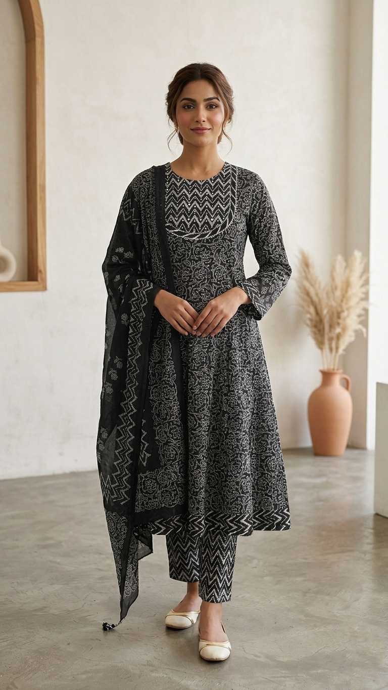 Avanti Black Cotton Embroidered Anarkali Dupatta Set