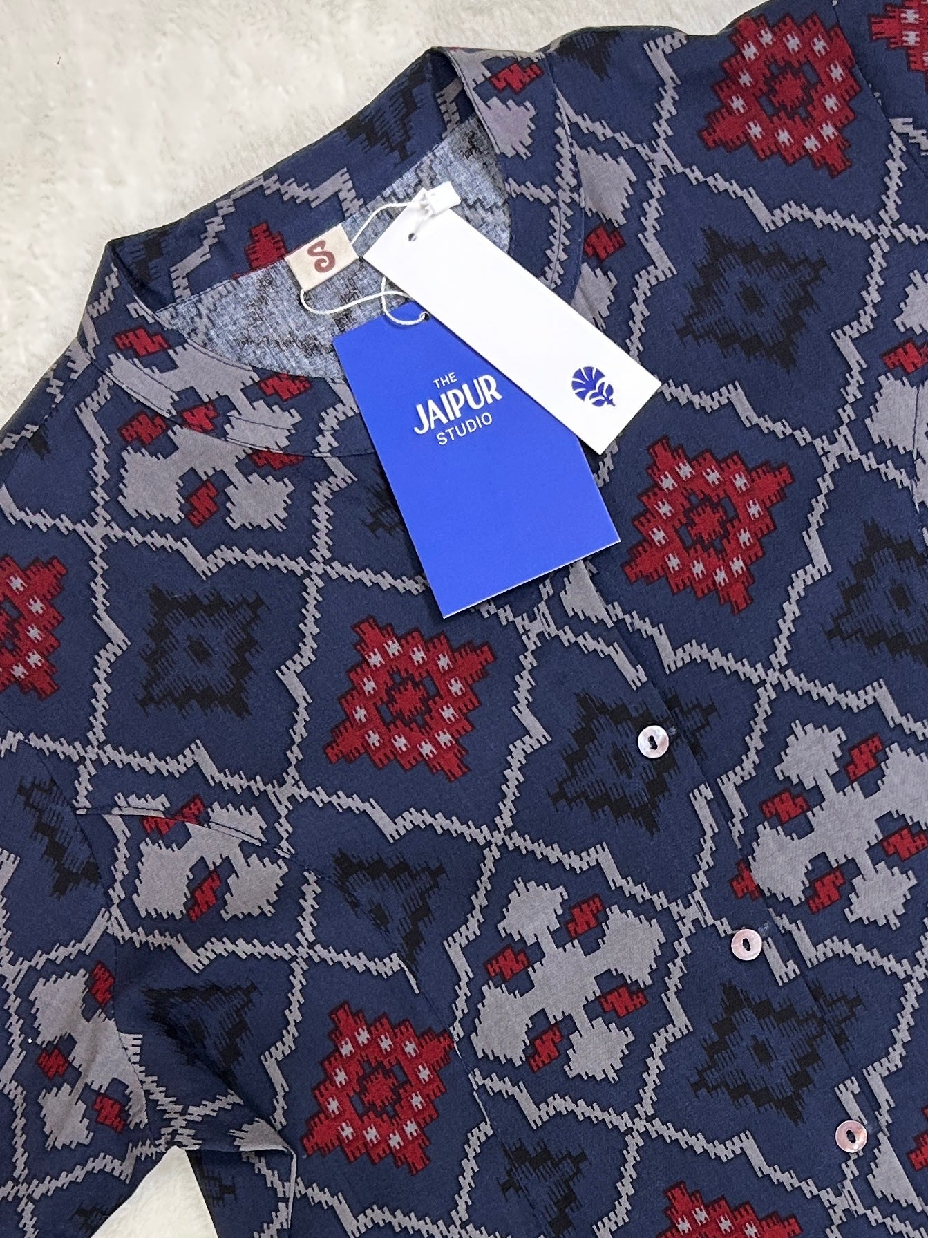 Navy Blue Patola Print Breathable Rayon Casual Short Top