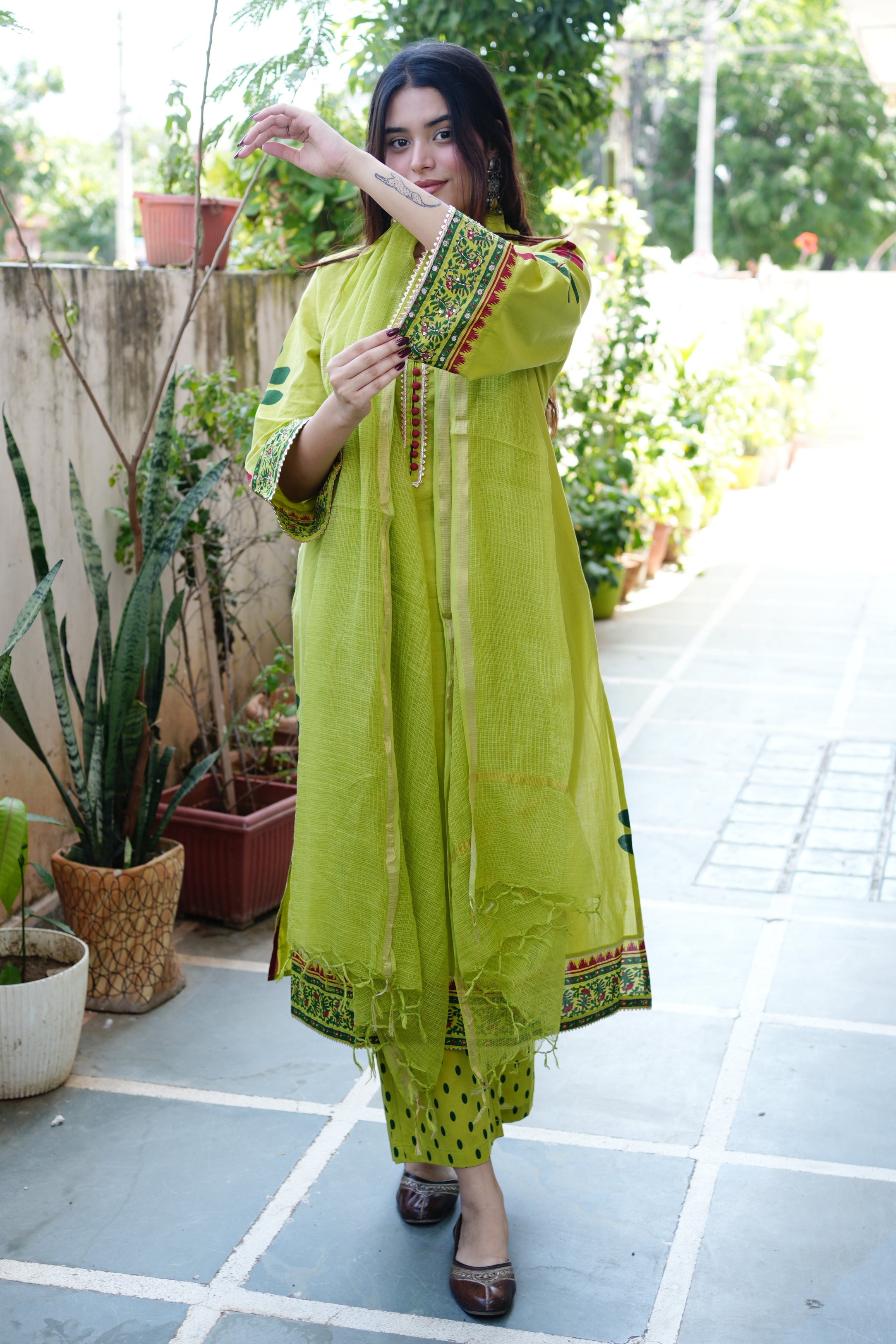 Erisha Cotton Handblock Embroidered Pant Set