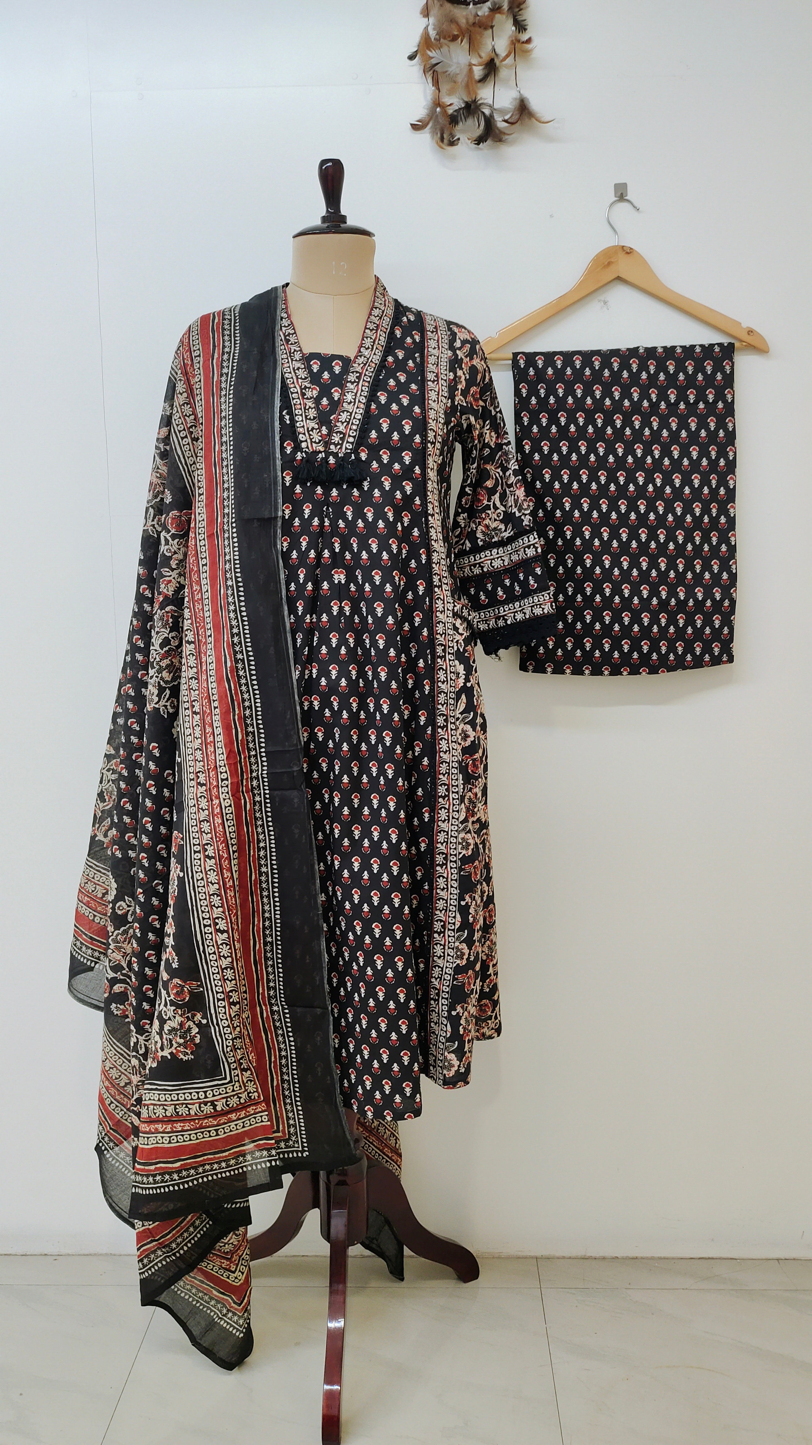 Reem Black Cotton Handblock Embroidered A-line Dupatta set