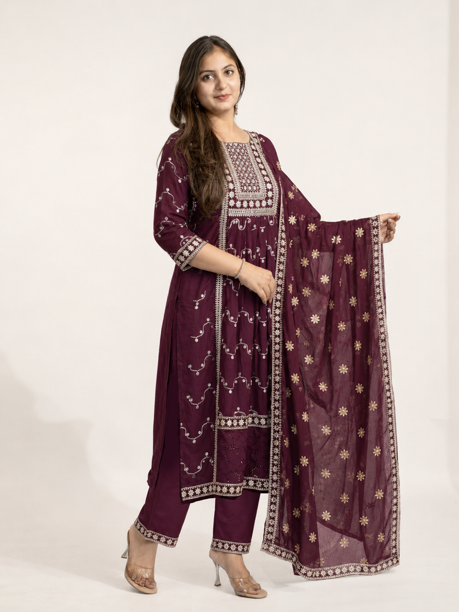 Wine Cotton Sciffili Embroidered Nyra Cut Dupatta Set