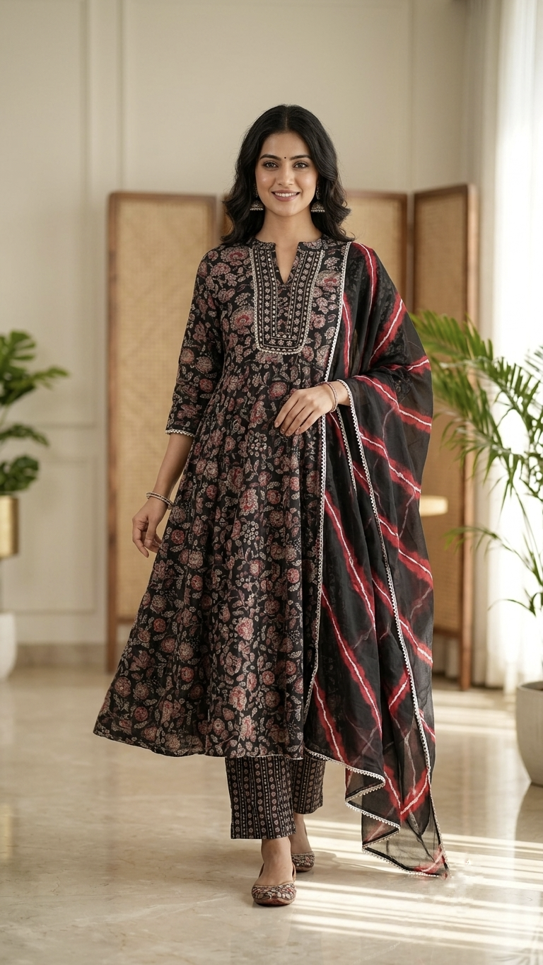 Nehal Black Muslin Embrideiered Anarkali Duppata Set