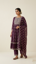 Wine Cotton Sciffili Embroidered Nyra Cut Dupatta Set
