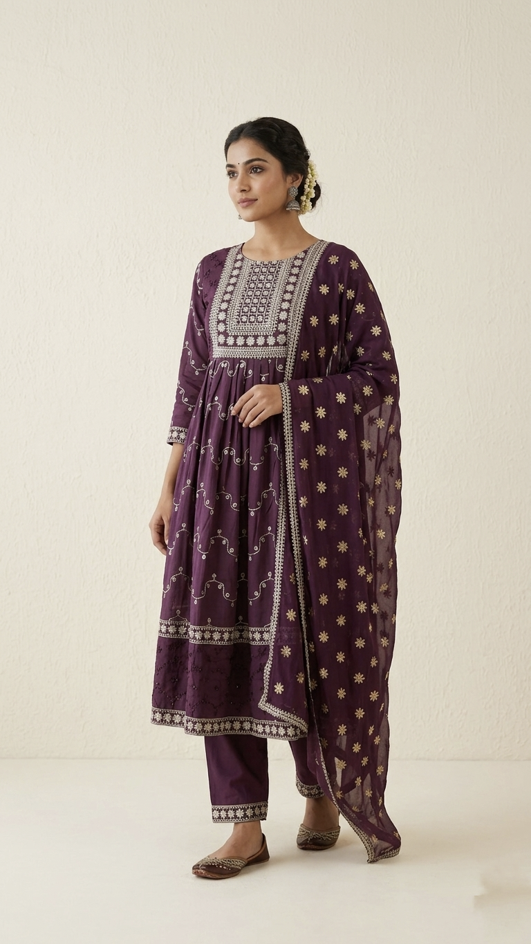 Wine Cotton Sciffili Embroidered Nyra Cut Dupatta Set