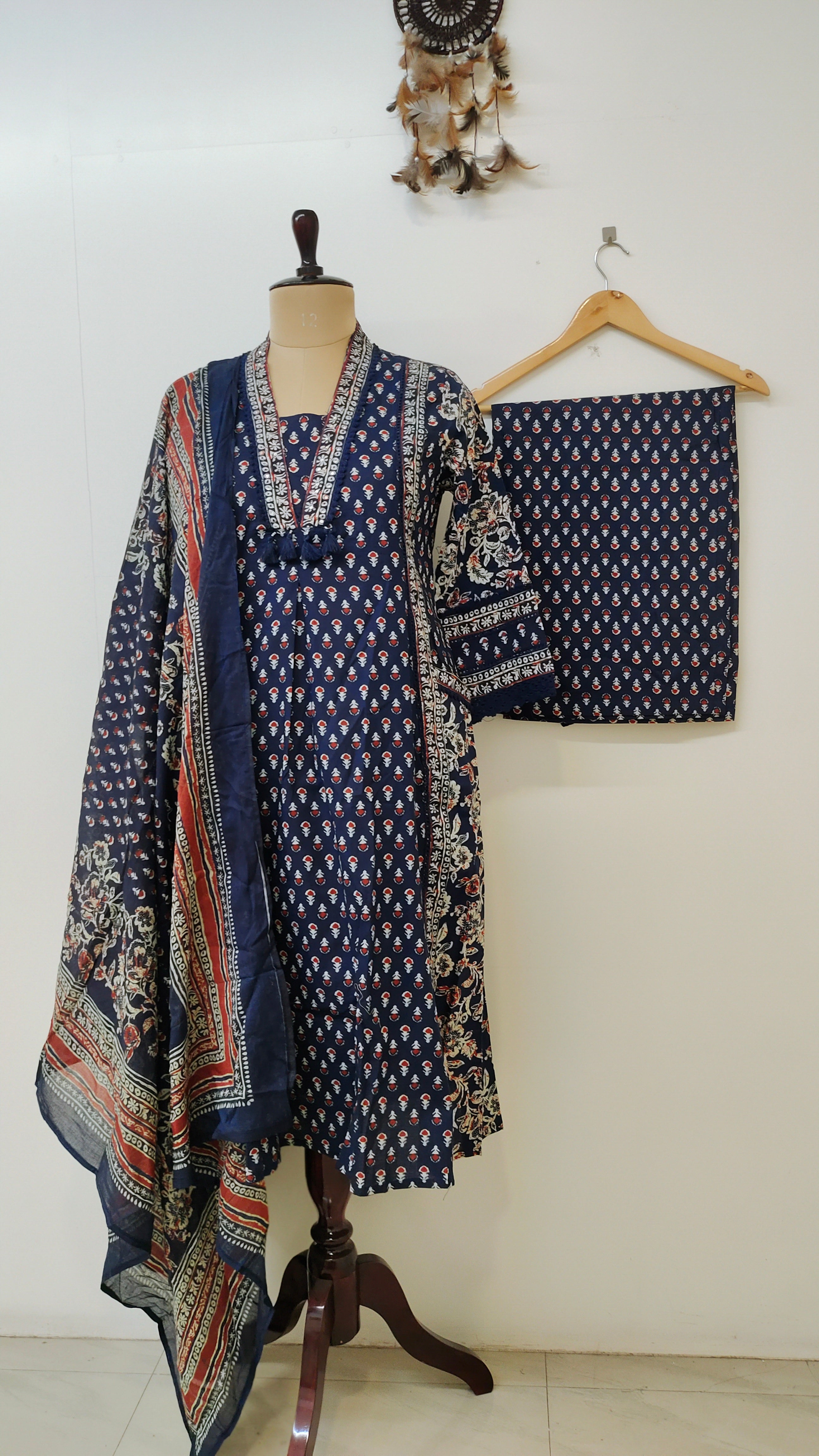 Reem Blue Cotton Handblock Embroidered A-line Dupatta set