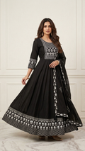 Nisha Black Cotton Handblock Anarkali Dupatta Set