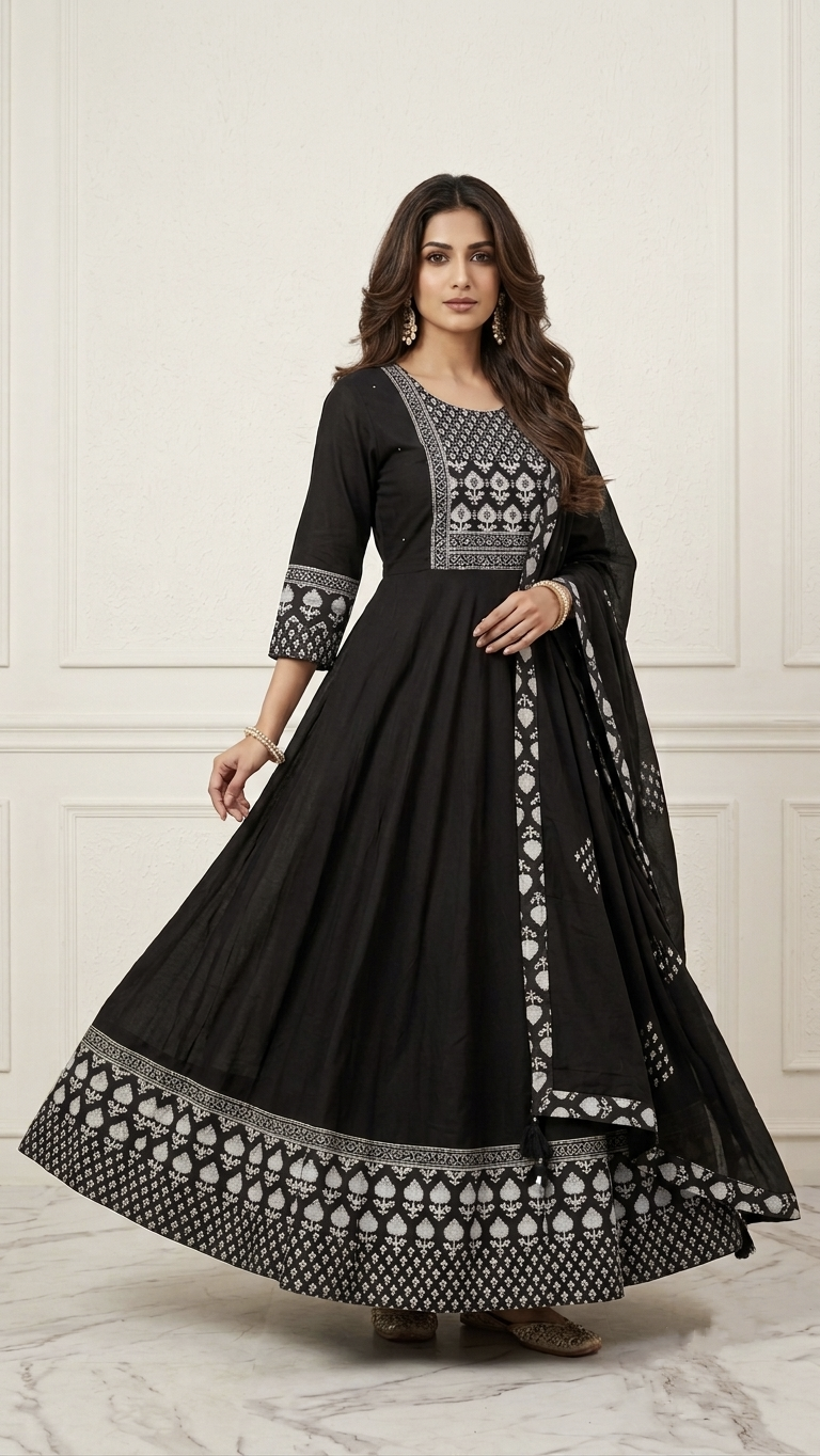 Nisha Black Cotton Handblock Anarkali Dupatta Set