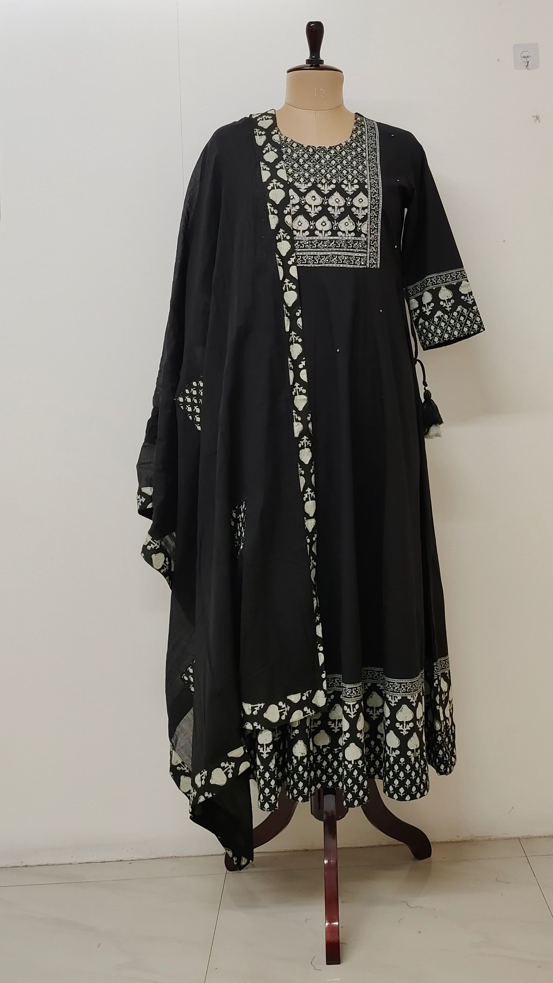 Nisha Black Cotton Handblock Anarkali Dupatta Set