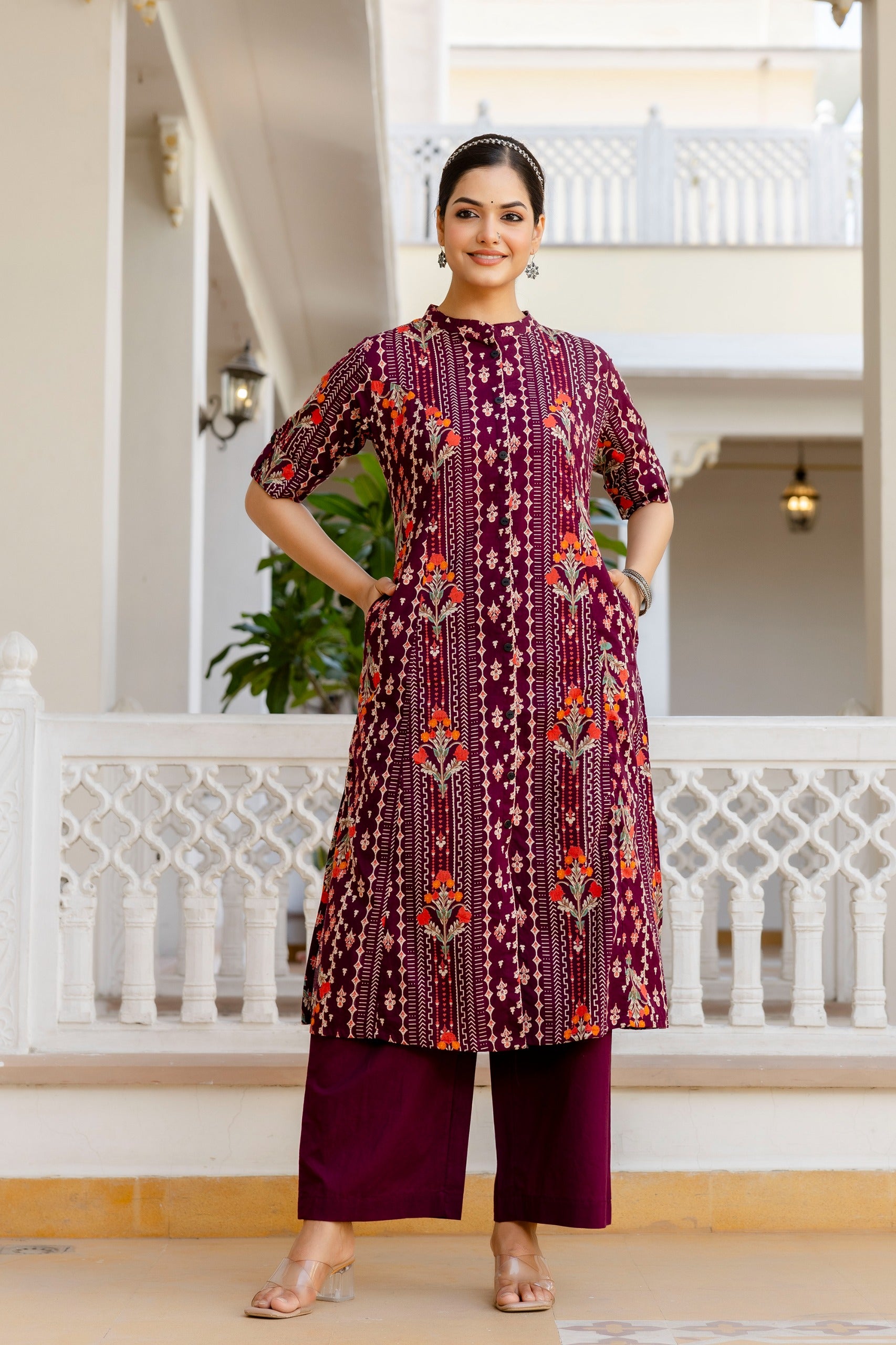 Marron Floral Cotton A-line Coord Set - The Jaipur Studio