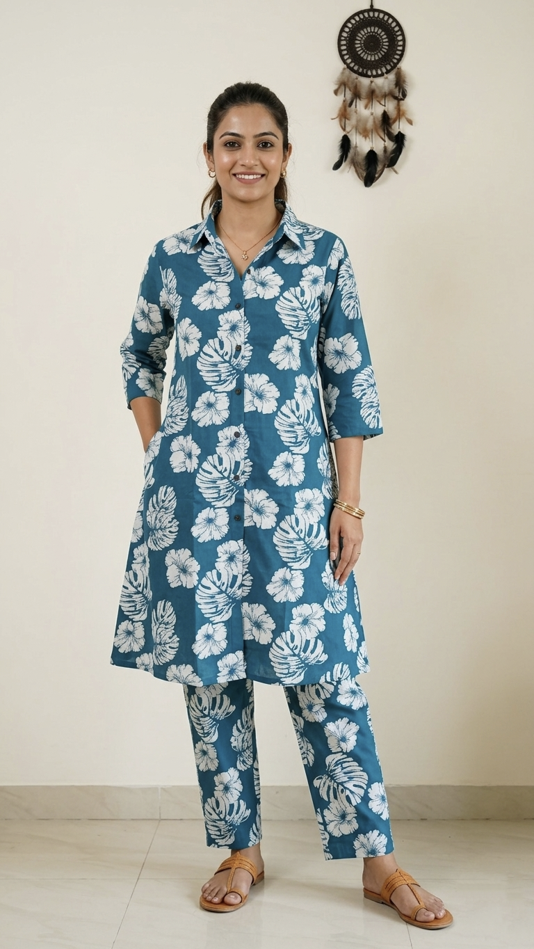 Namah Teal Cotton Floral A-line Coord Set