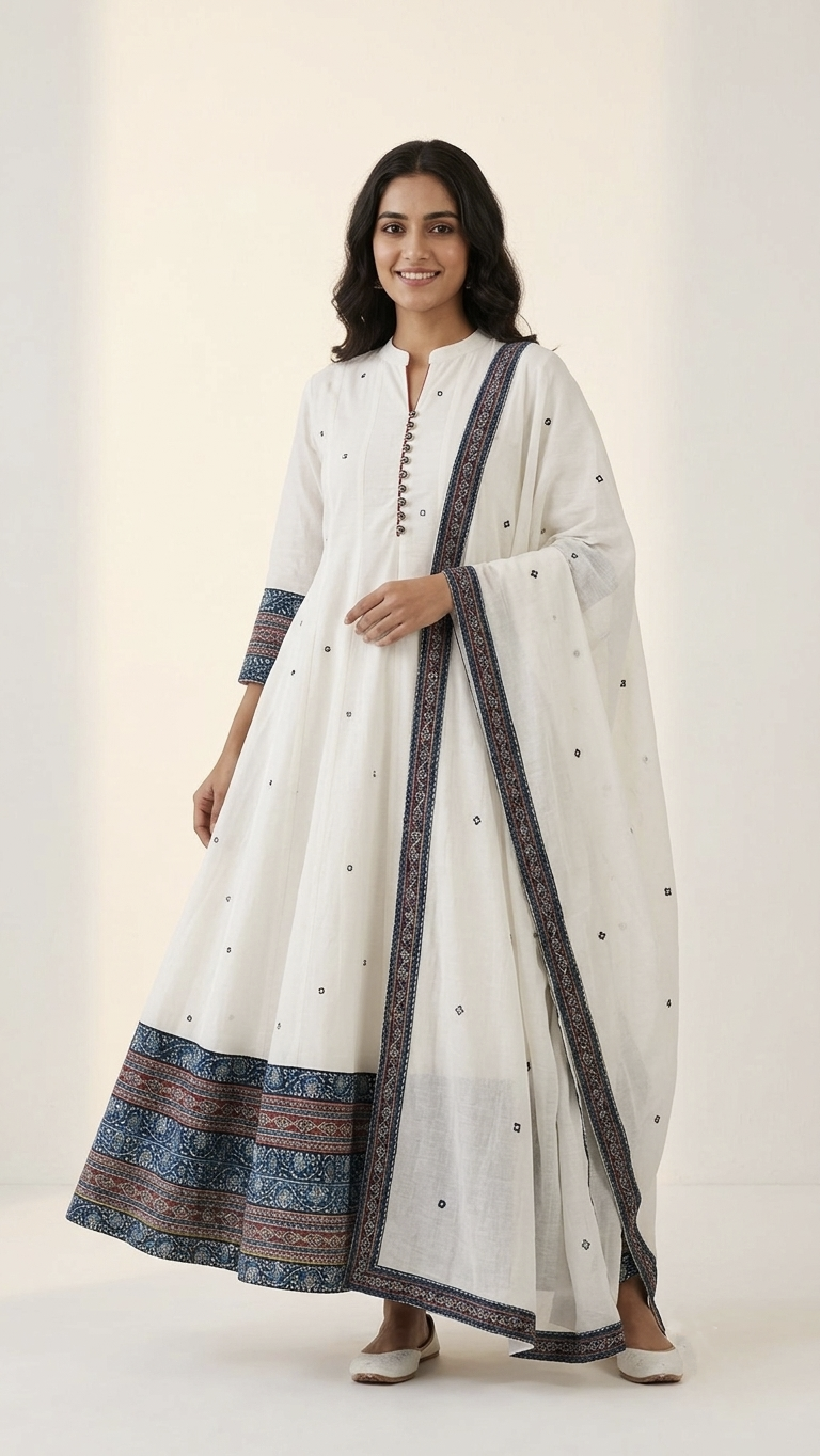 Shweta White Mul Cotton Ajrakh Anarkali Dupatta Set