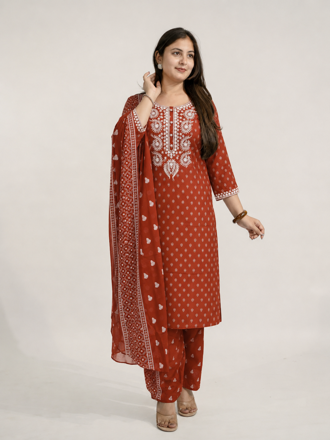Meher Rust Cotton Embroidered Dupatta Set